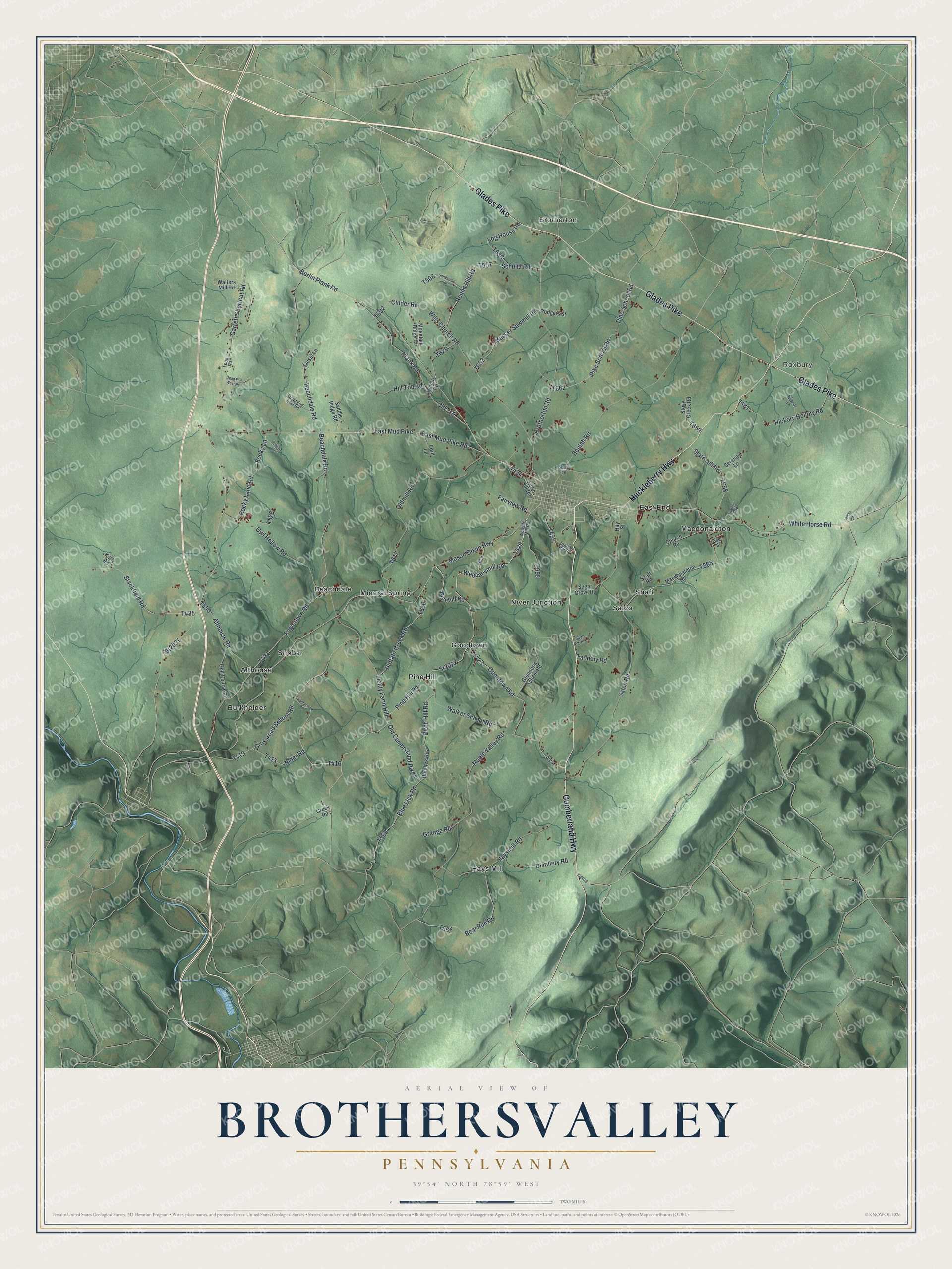 Full map of Brothersvalley, Pennsylvania, with red buildings, printed street names and the land around them