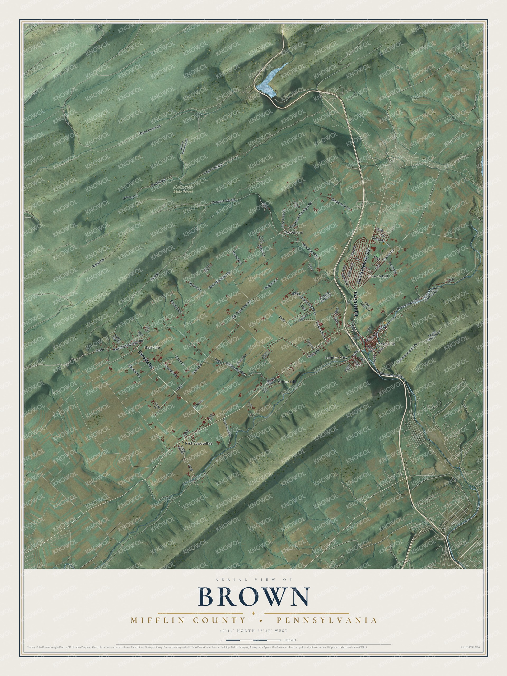 Full map of Brown, Mifflin County, Pennsylvania, with red buildings, printed street names and the land around them