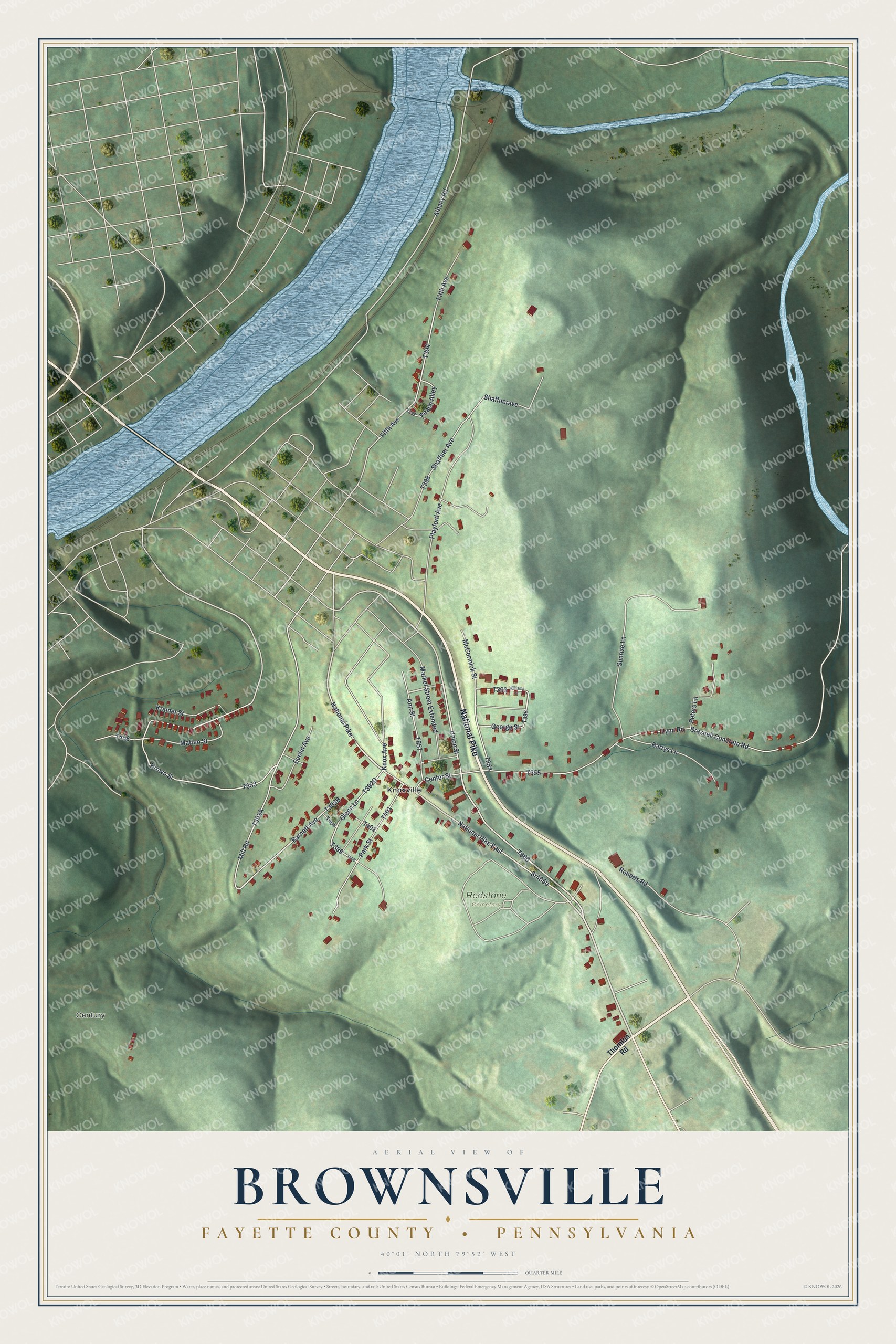 Full map of Brownsville Township, Pennsylvania, with red buildings, printed street names and the land around them
