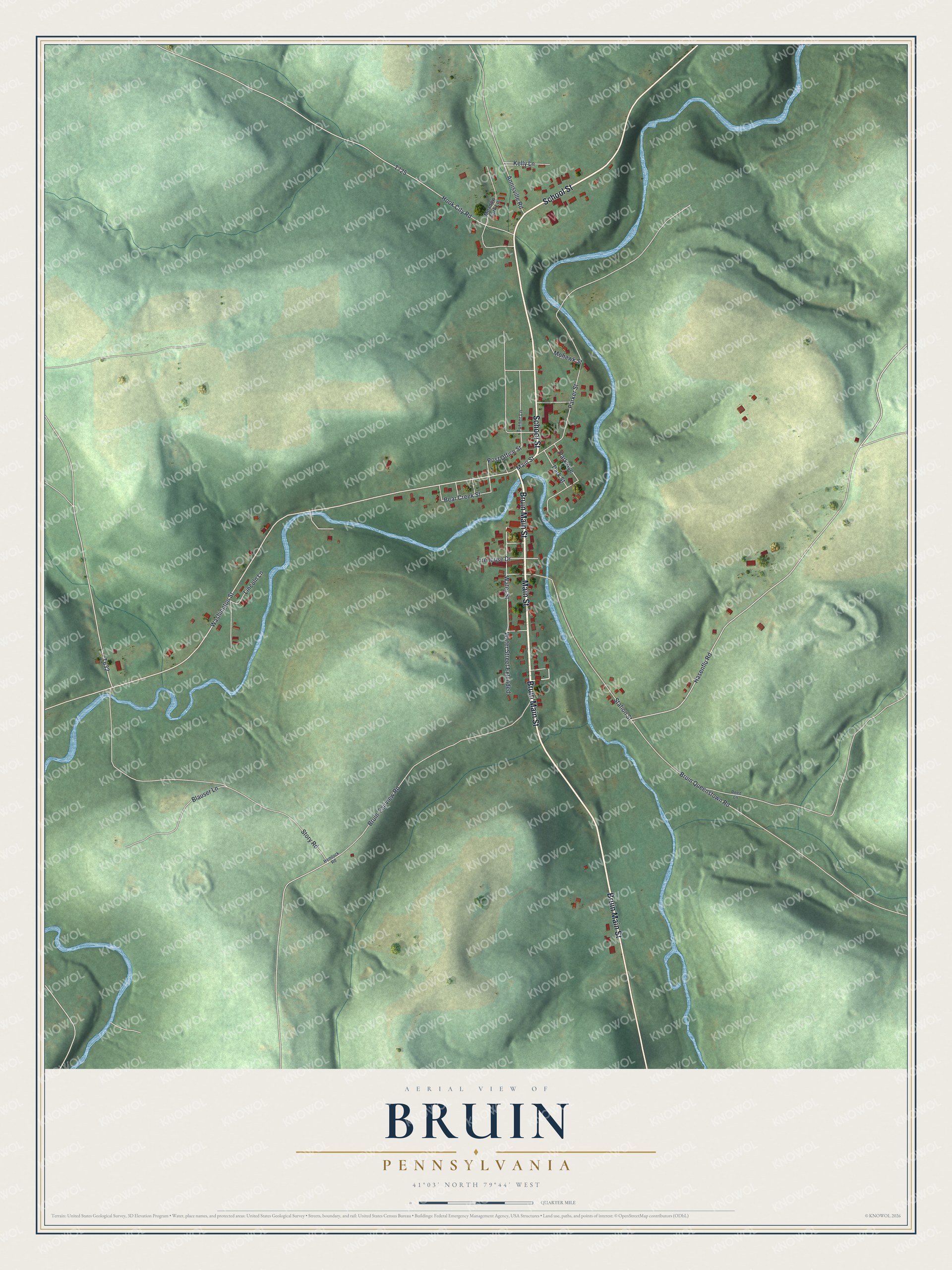 Full map of Bruin, Pennsylvania, with red buildings, printed street names and the land around them