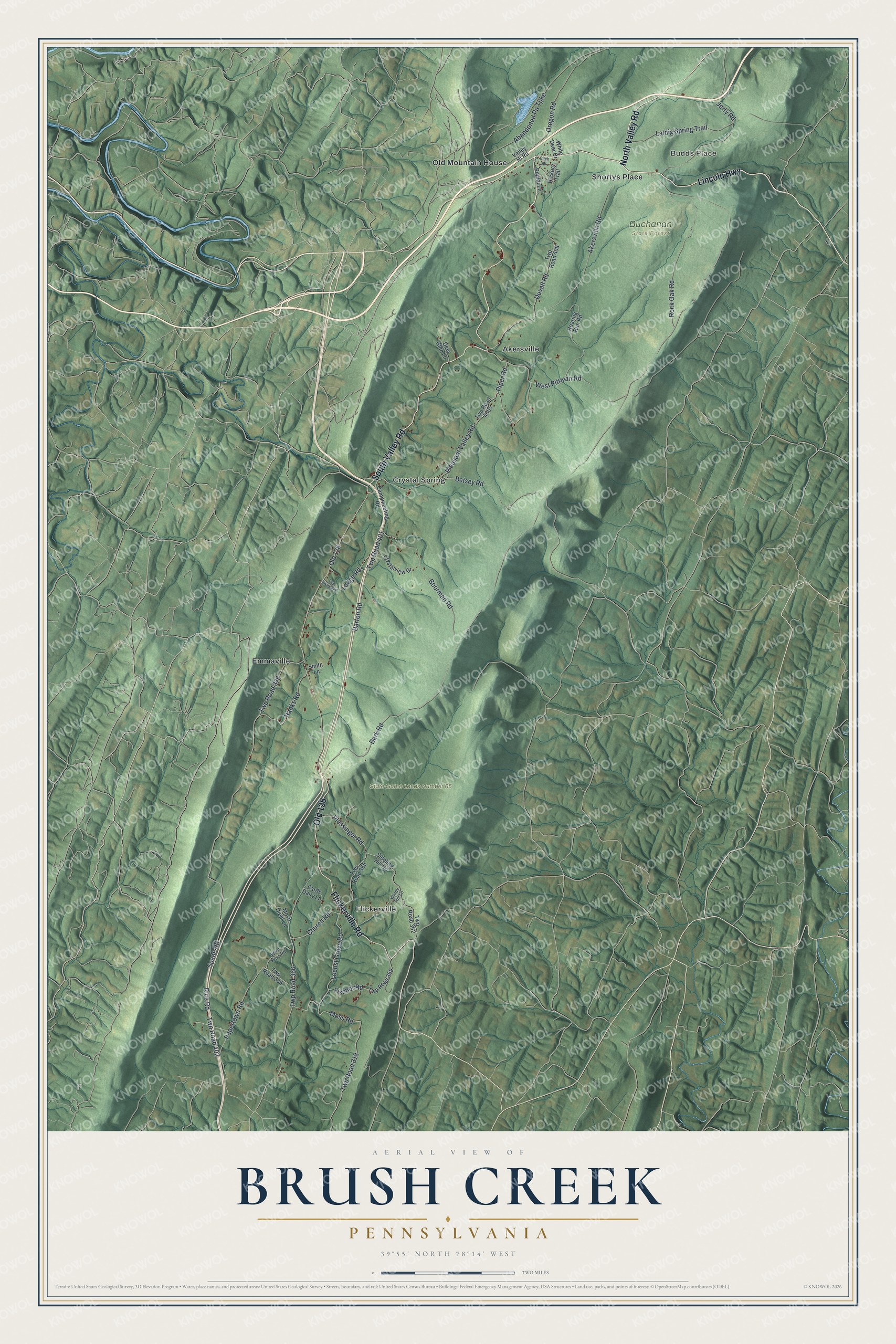 Full map of Brush Creek, Pennsylvania, with red buildings, printed street names and the land around them