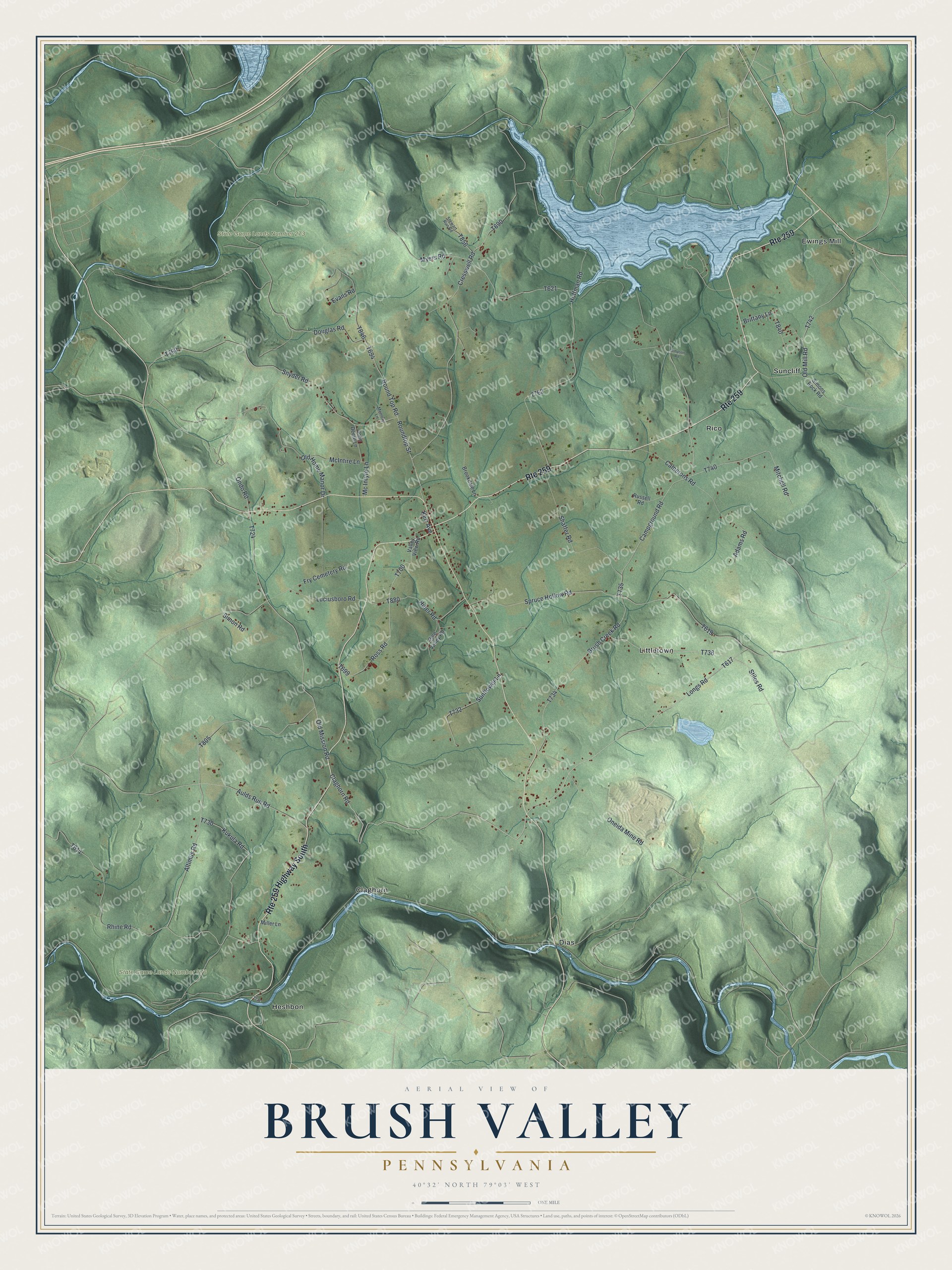 Full map of Brush Valley, Pennsylvania, with red buildings, printed street names and the land around them
