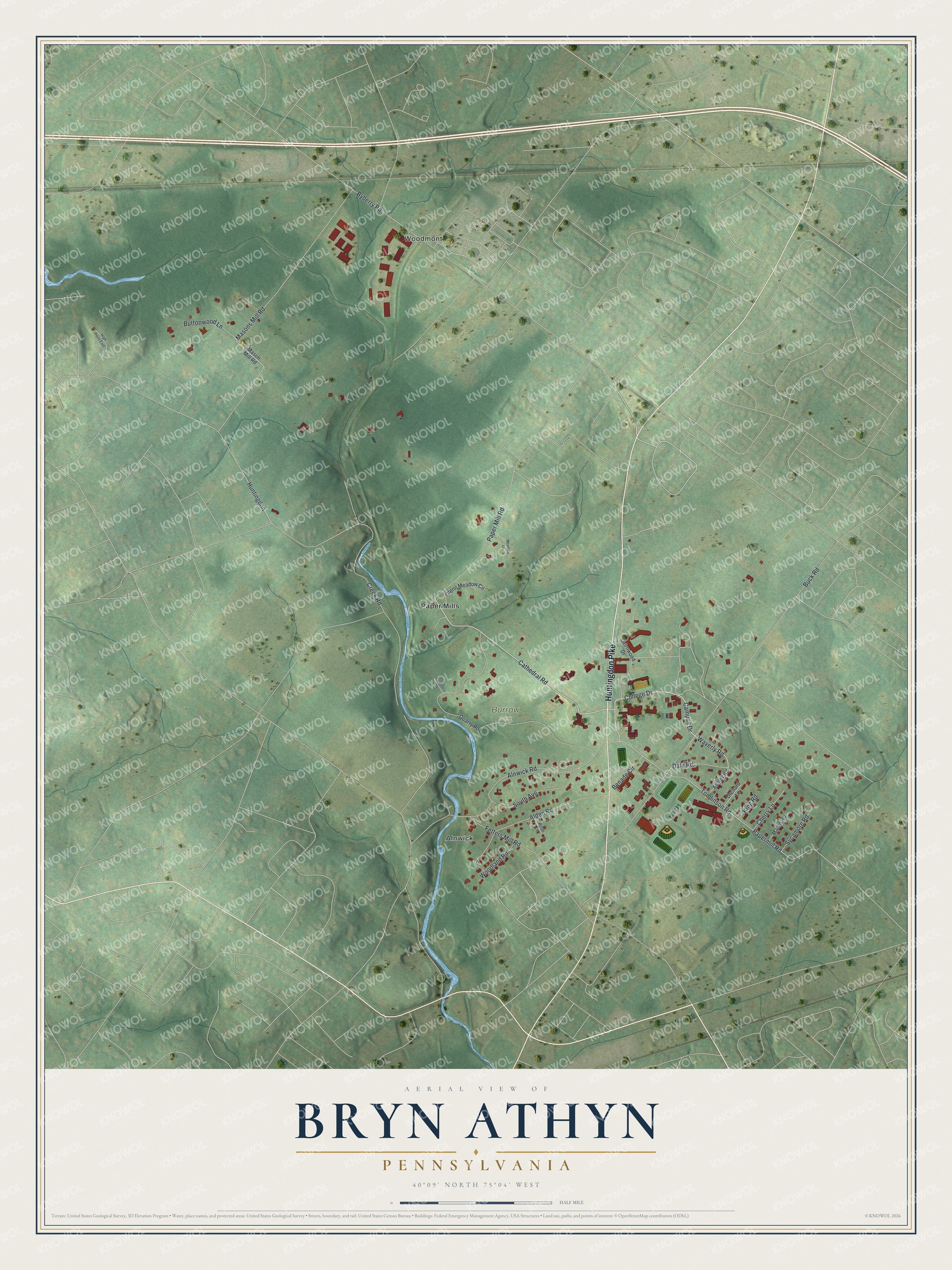 Full map of Bryn Athyn, Pennsylvania, with red buildings, printed street names and the land around them
