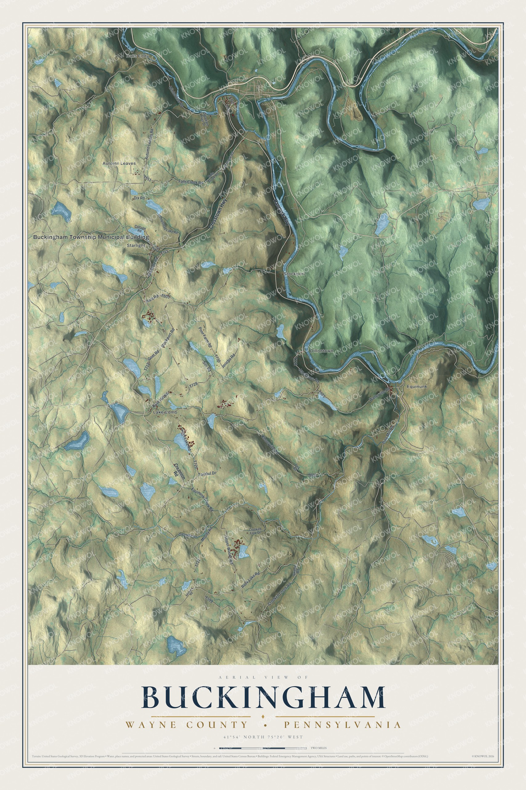Full map of Buckingham, Wayne County, Pennsylvania, with red buildings, printed street names and the land around them