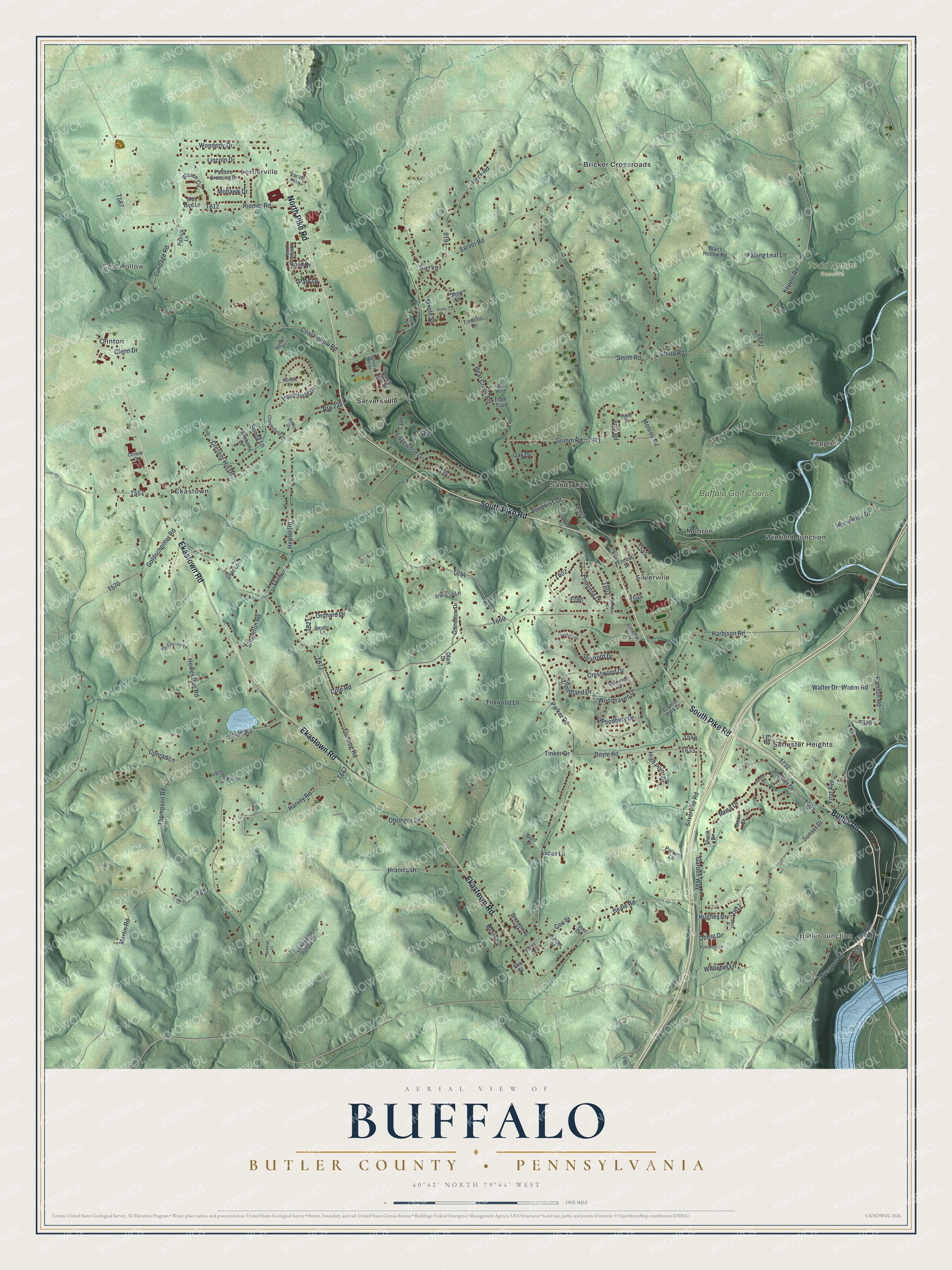 Full map of Buffalo, Butler County, Pennsylvania, with red buildings, printed street names and the land around them