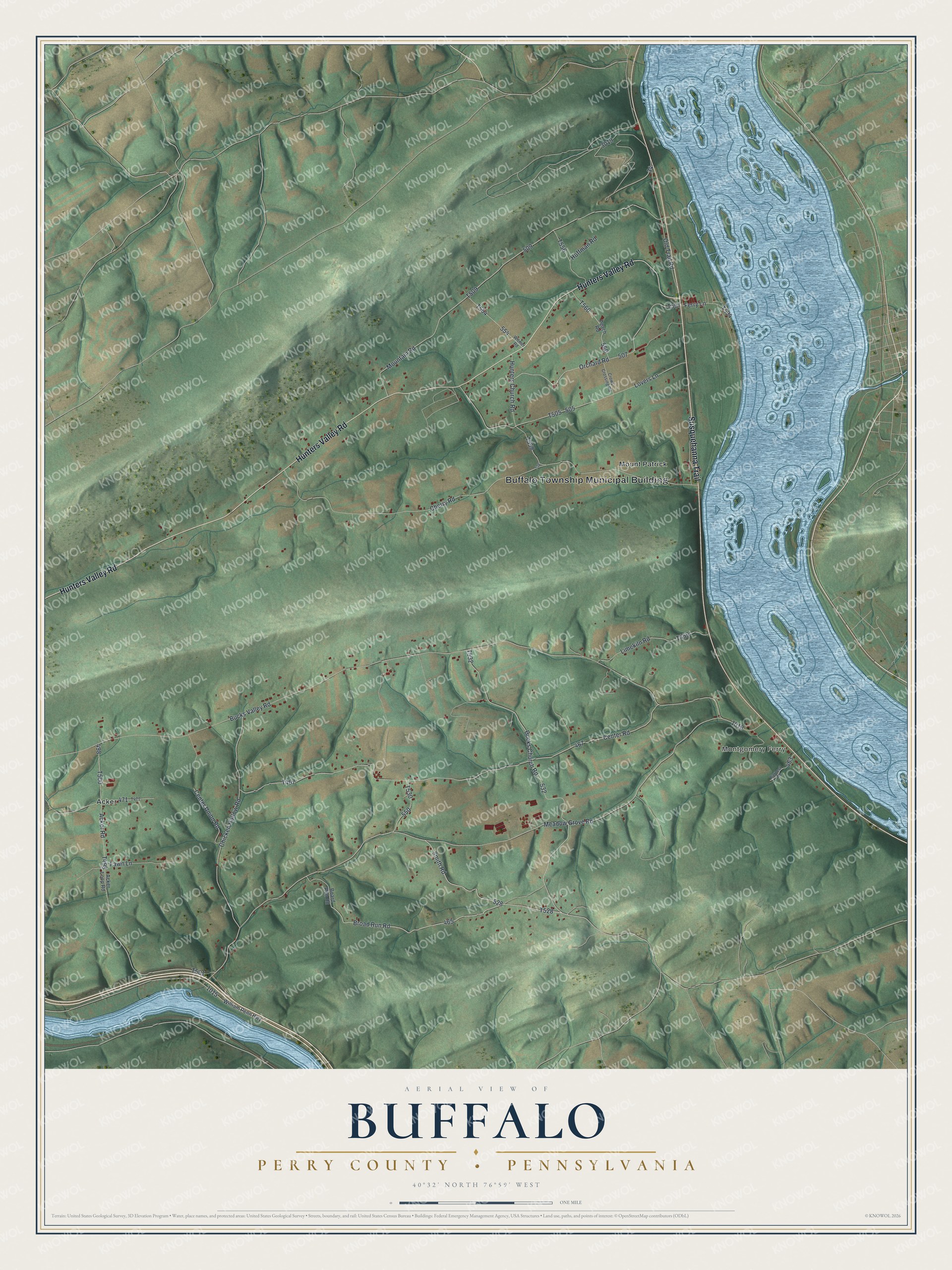 Full map of Buffalo, Perry County, Pennsylvania, with red buildings, printed street names and the land around them