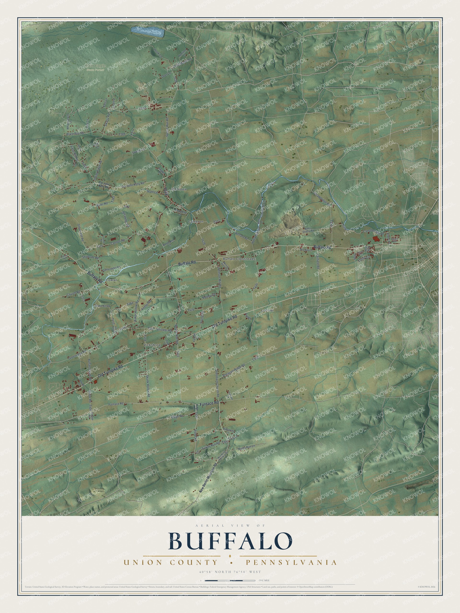 Full map of Buffalo, Union County, Pennsylvania, with red buildings, printed street names and the land around them