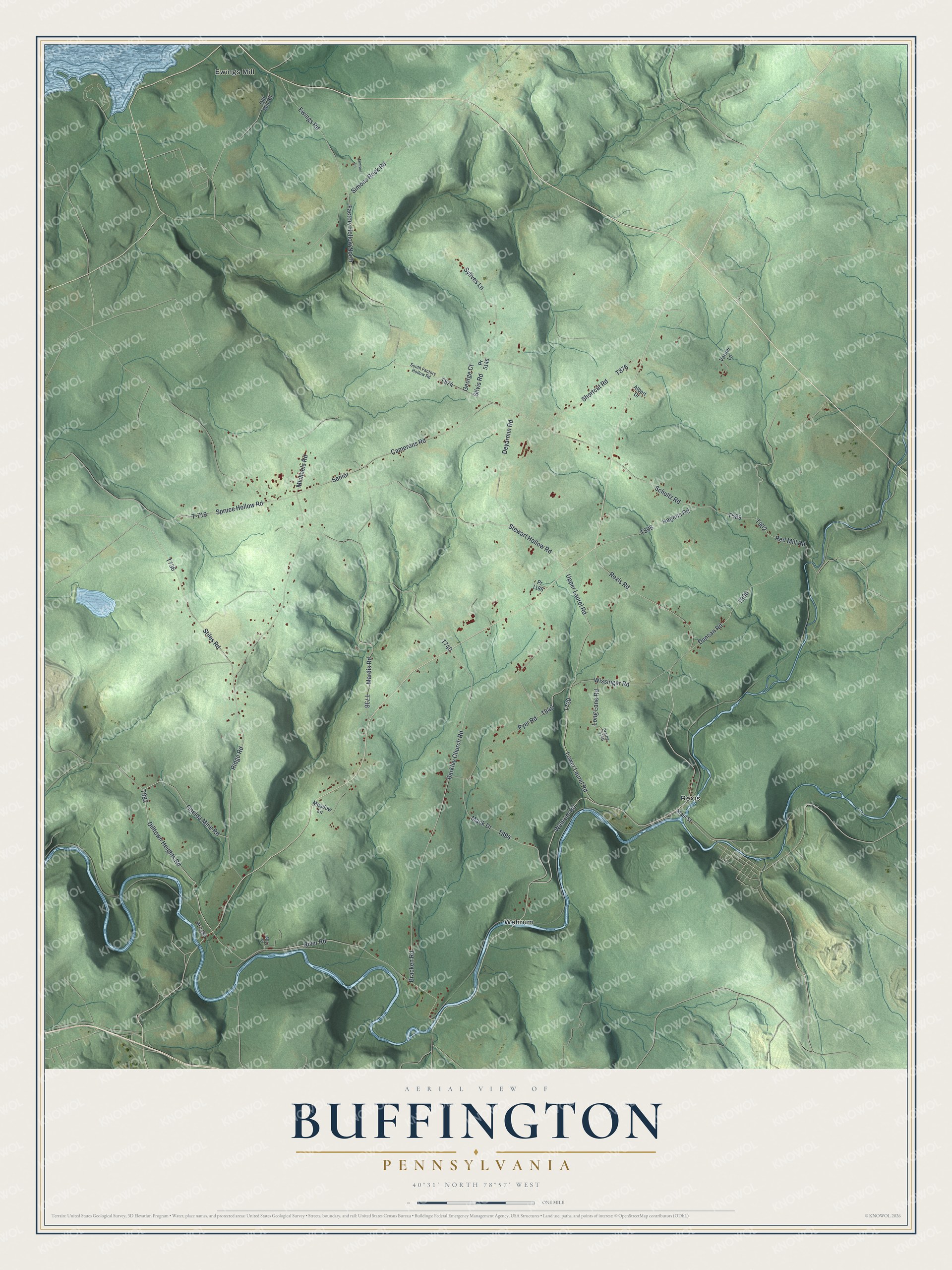 Full map of Buffington, Pennsylvania, with red buildings, printed street names and the land around them