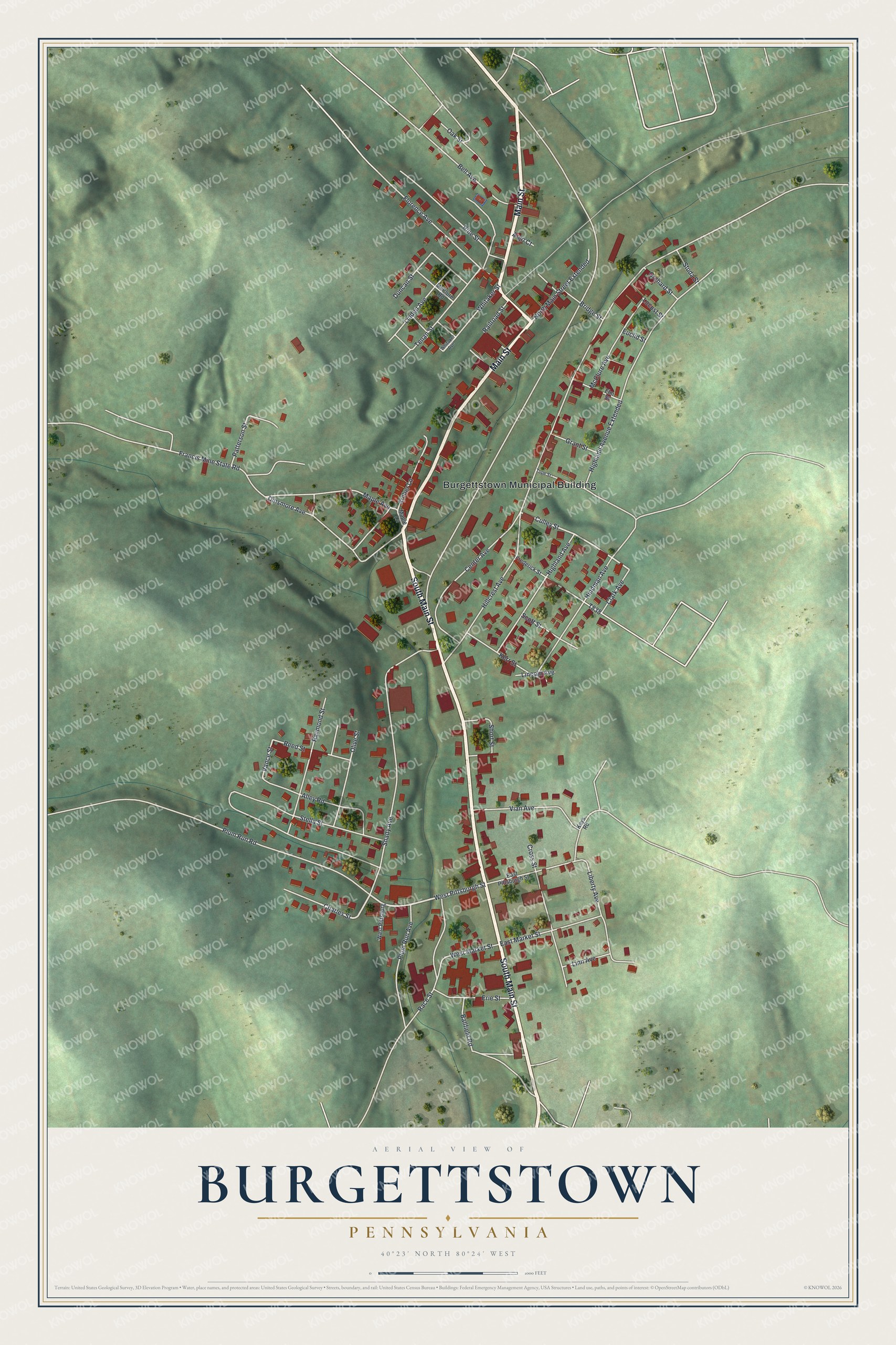 Full map of Burgettstown, Pennsylvania, with red buildings, printed street names and the land around them