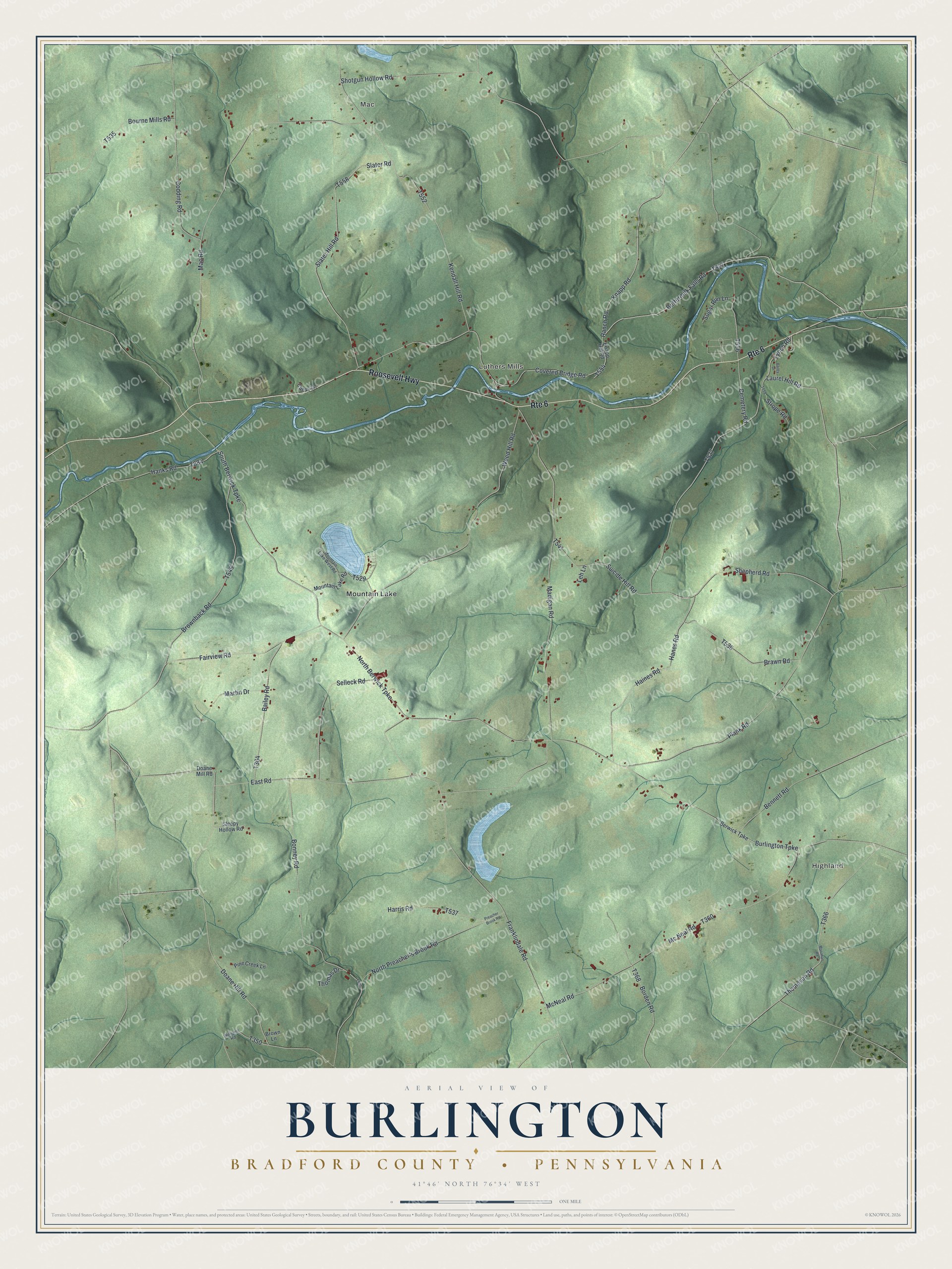 Full map of Burlington Township, Pennsylvania, with red buildings, printed street names and the land around them