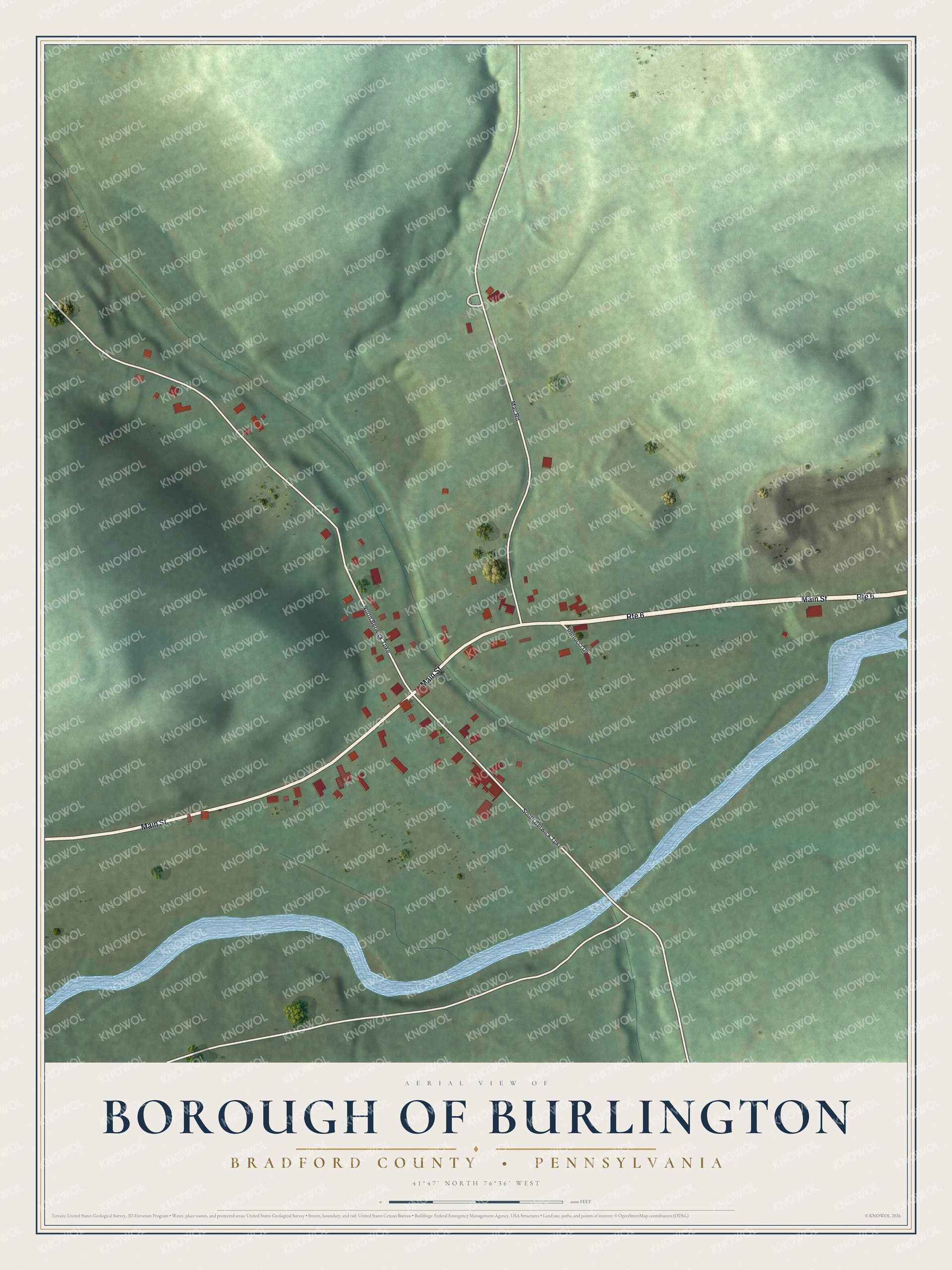 Full map of Burlington Borough, Pennsylvania, with red buildings, printed street names and the land around them