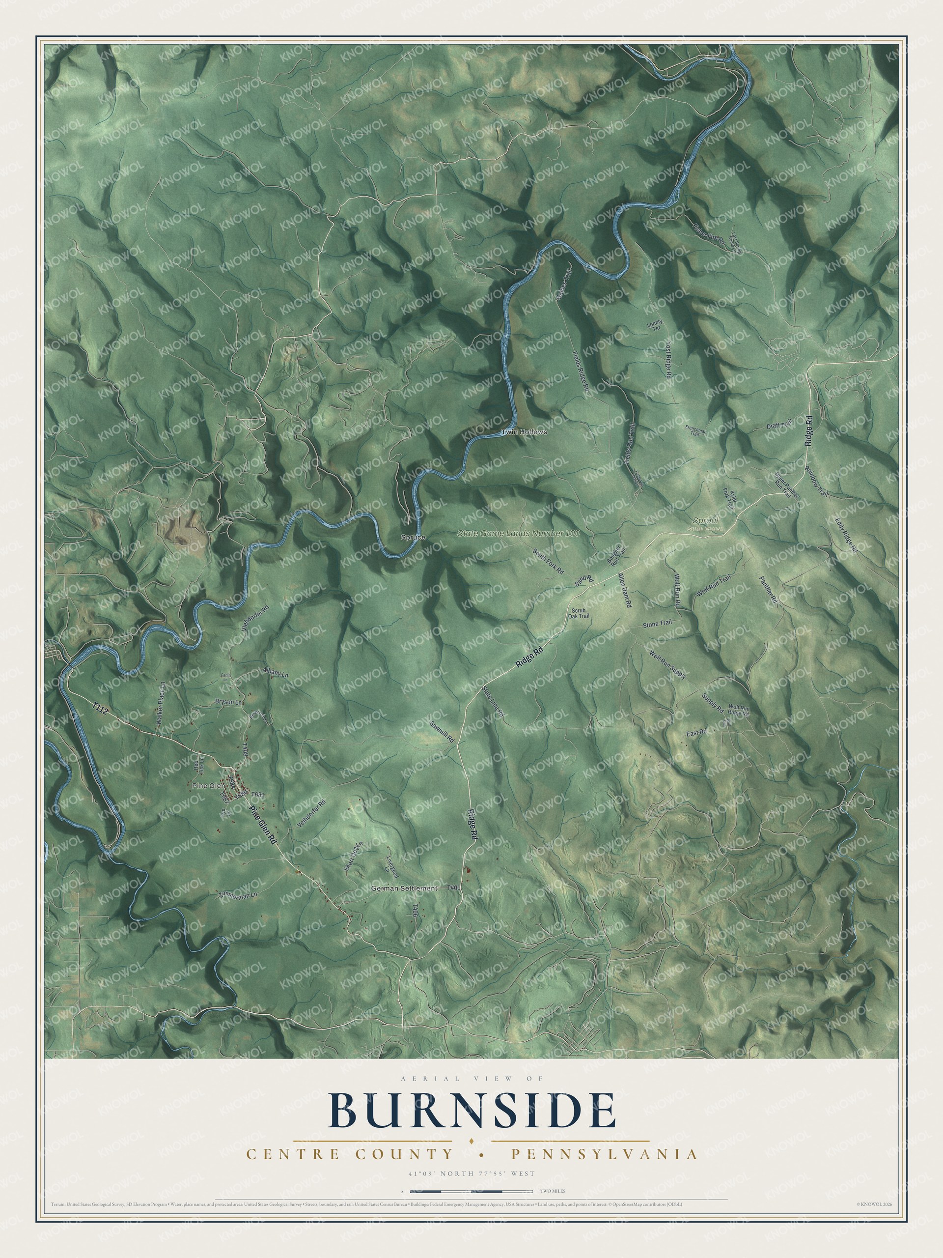 Full map of Burnside, Centre County, Pennsylvania, with red buildings, printed street names and the land around them