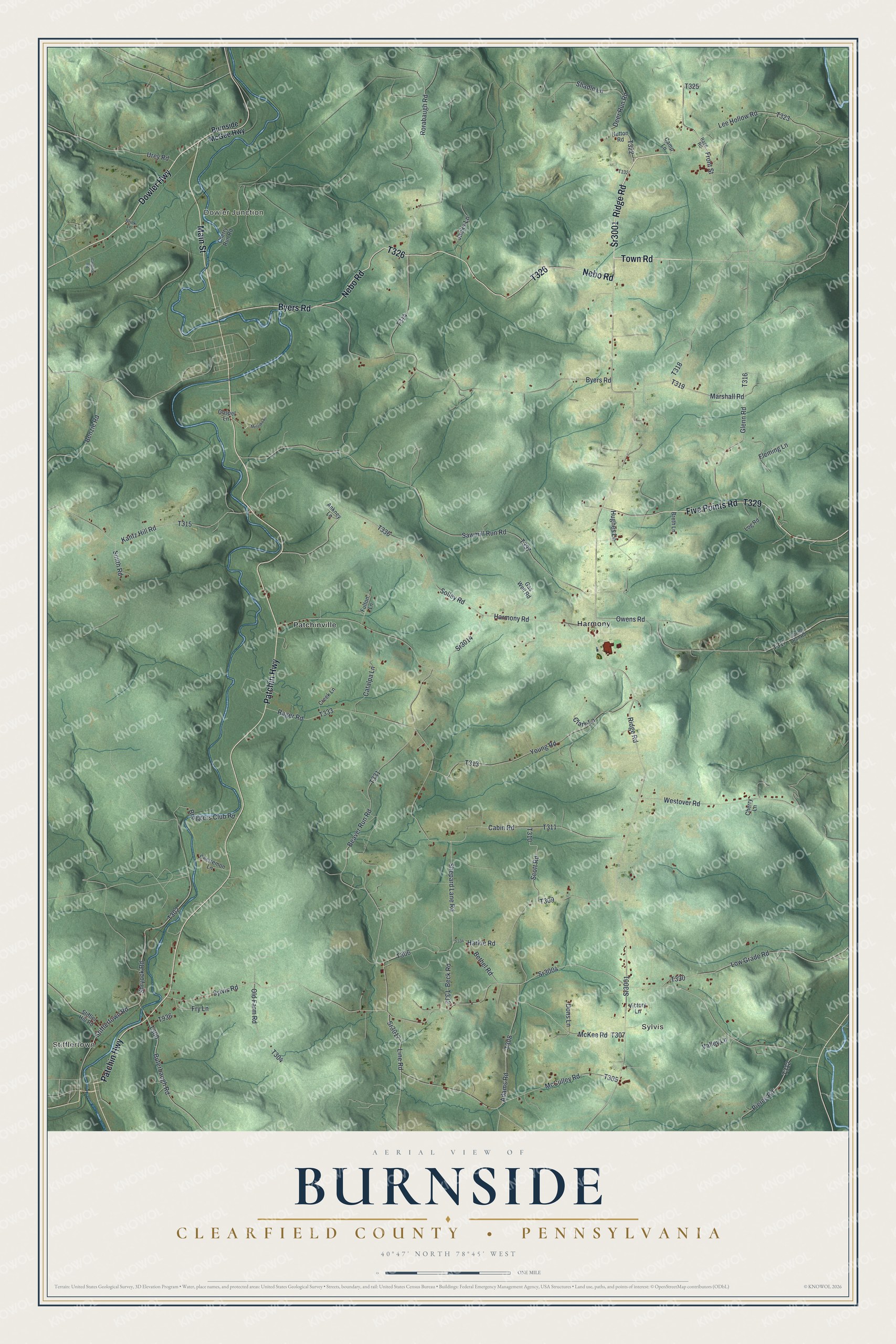 Full map of Burnside Township, Clearfield County, Pennsylvania, with red buildings, printed street names and the land around them