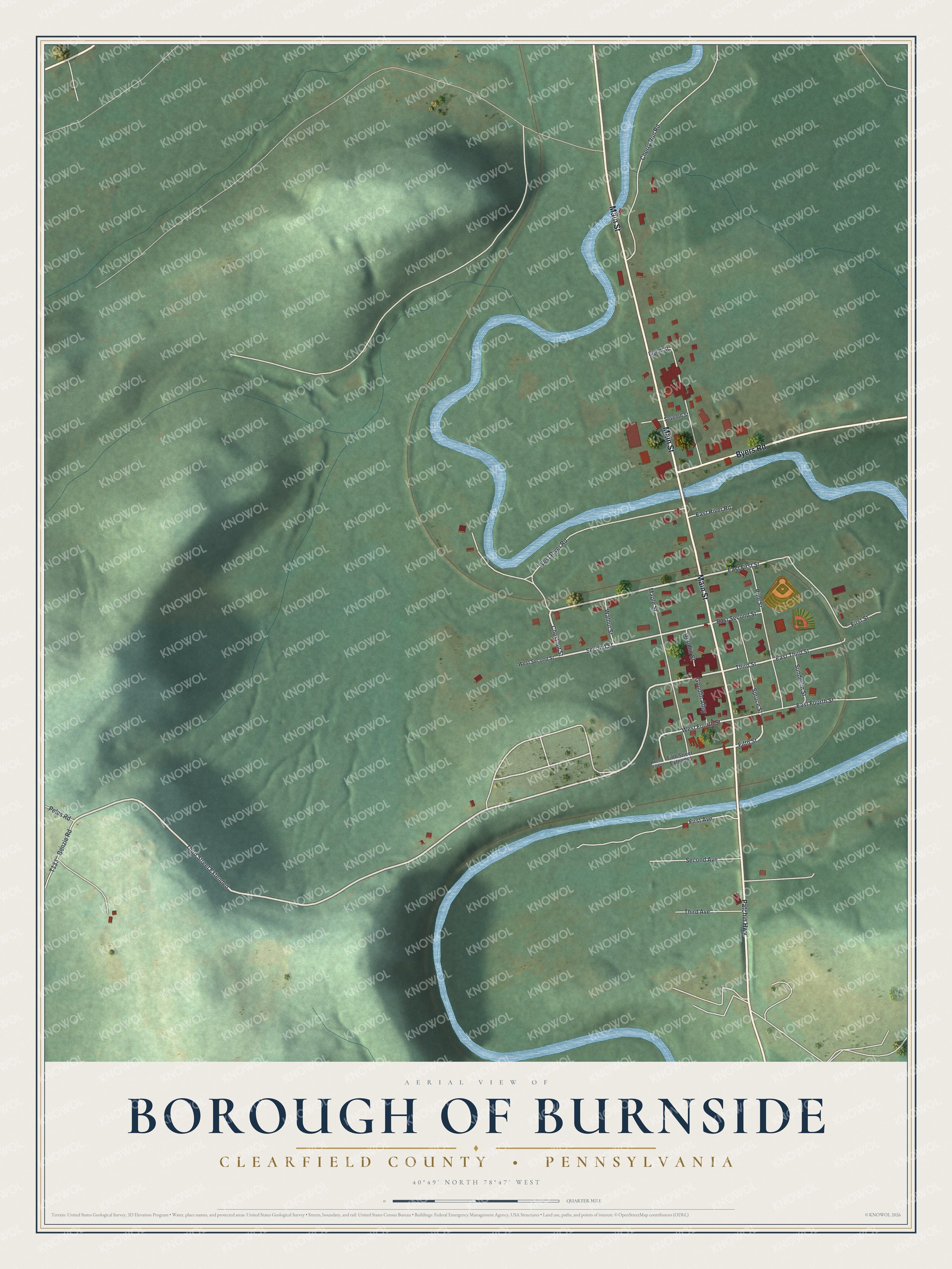 Full map of Burnside Borough, Clearfield County, Pennsylvania, with red buildings, printed street names and the land around them