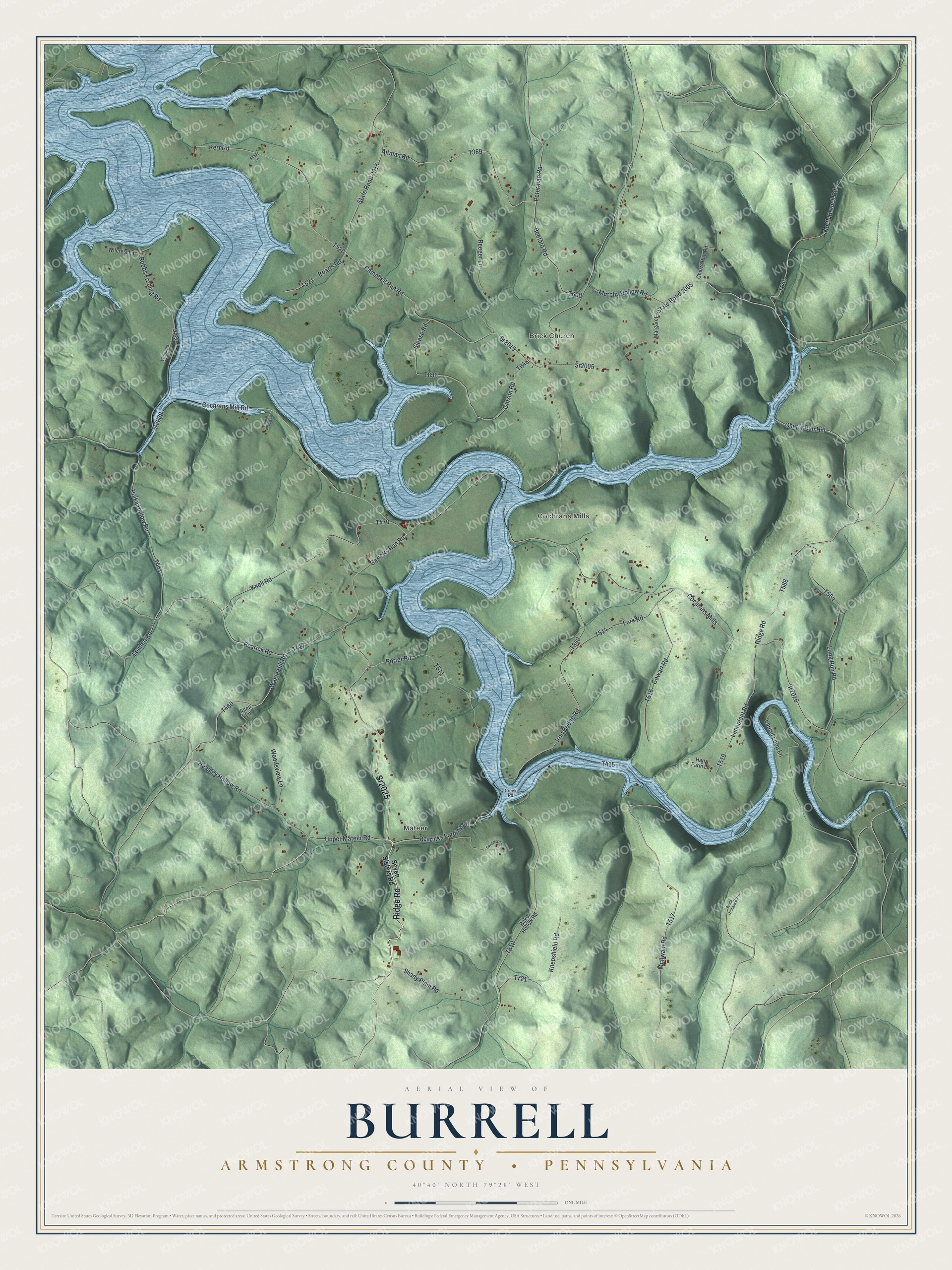Full map of Burrell, Armstrong County, Pennsylvania, with red buildings, printed street names and the land around them