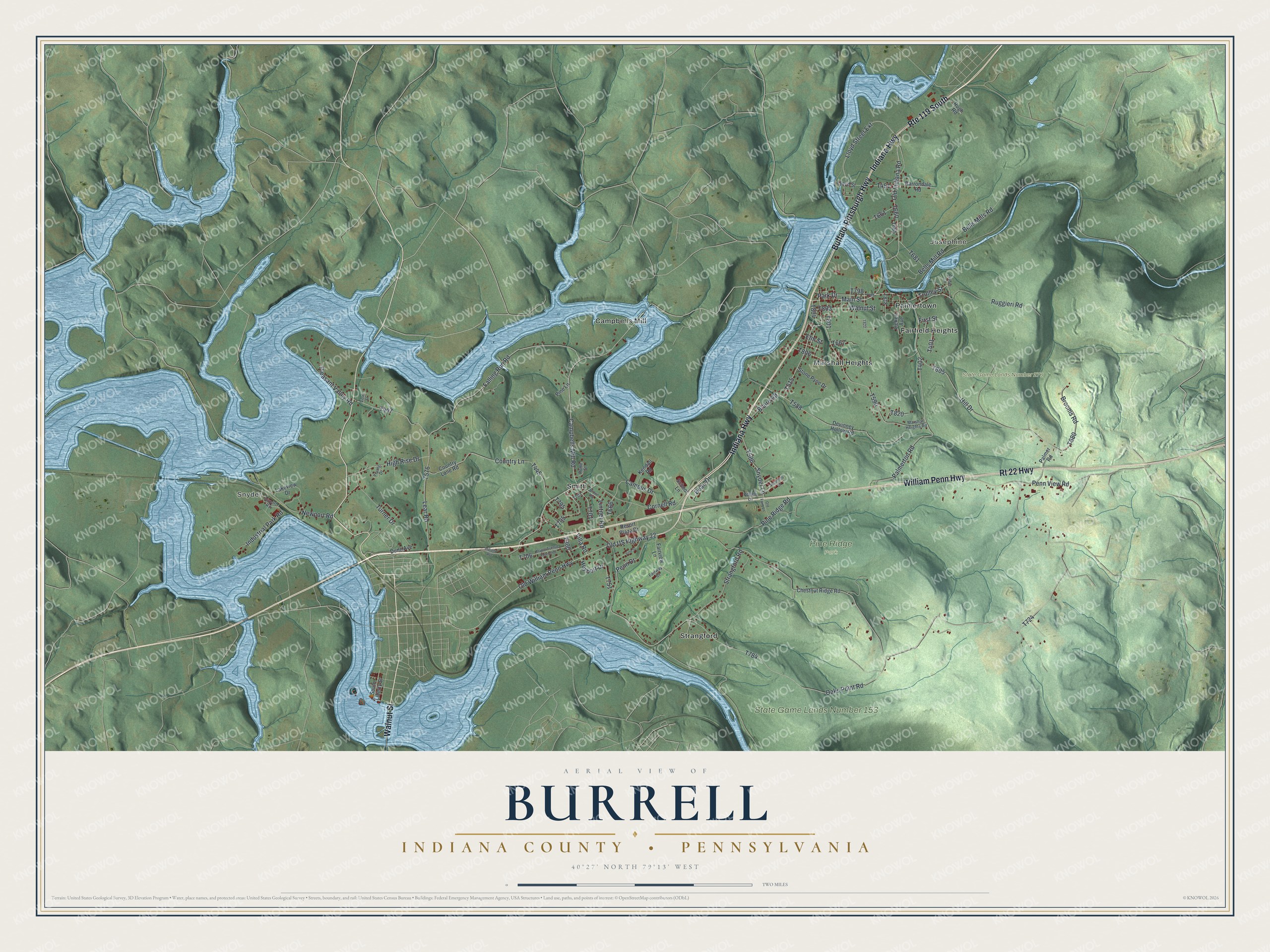 Full map of Burrell, Indiana County, Pennsylvania, with red buildings, printed street names and the land around them