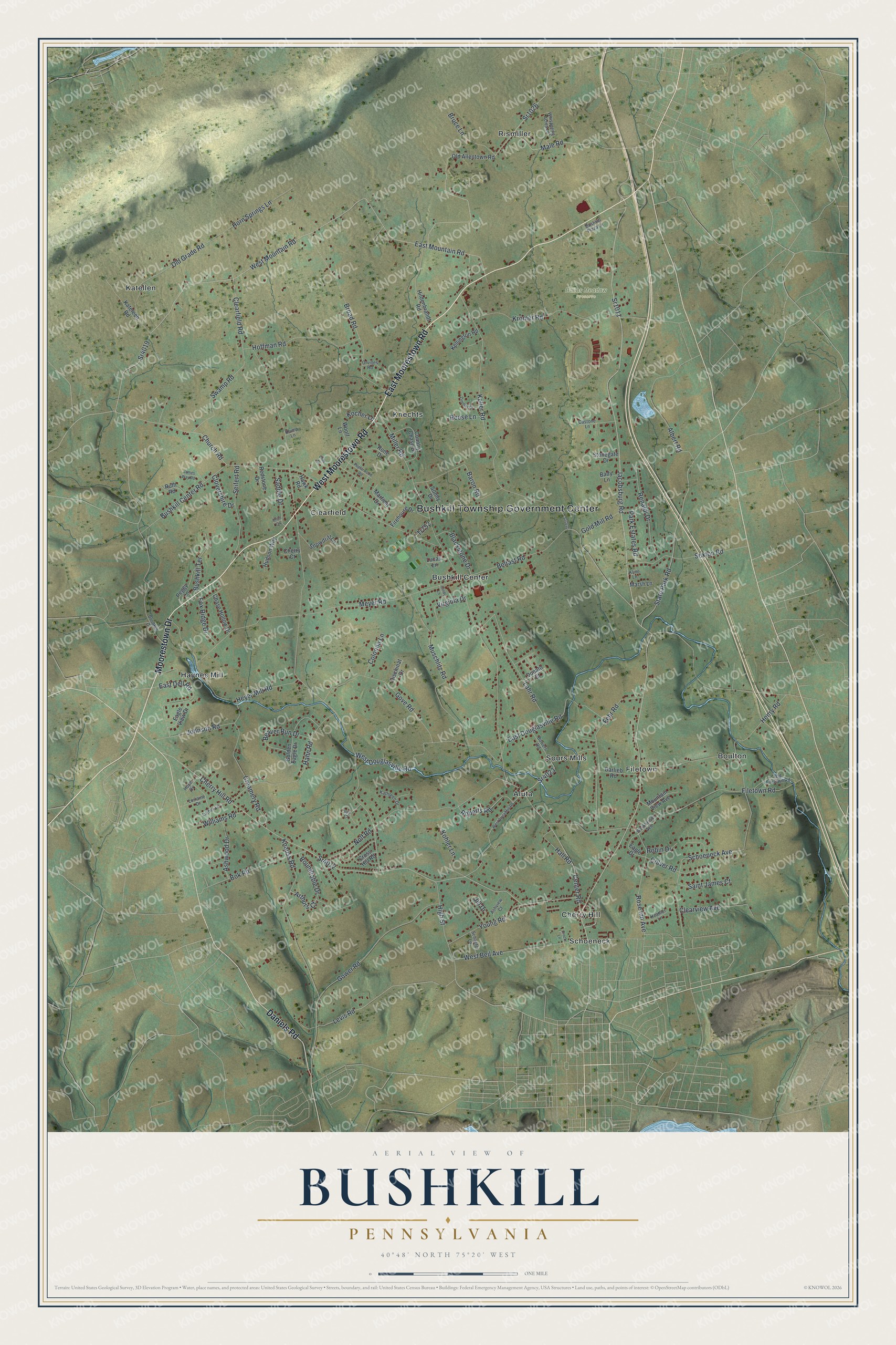 Full map of Bushkill, Pennsylvania, with red buildings, printed street names and the land around them
