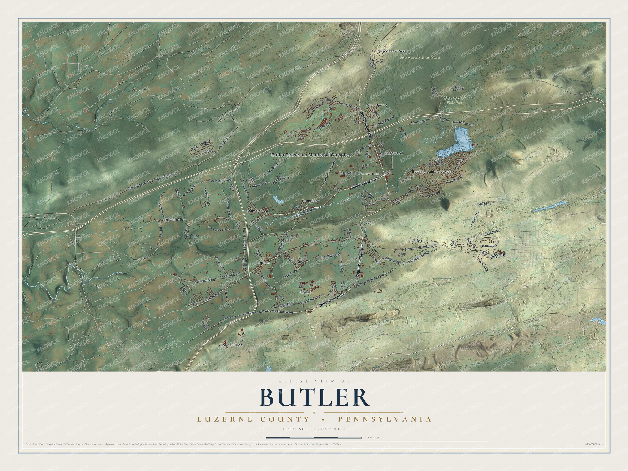 Full map of Butler, Luzerne County, Pennsylvania, with red buildings, printed street names and the land around them