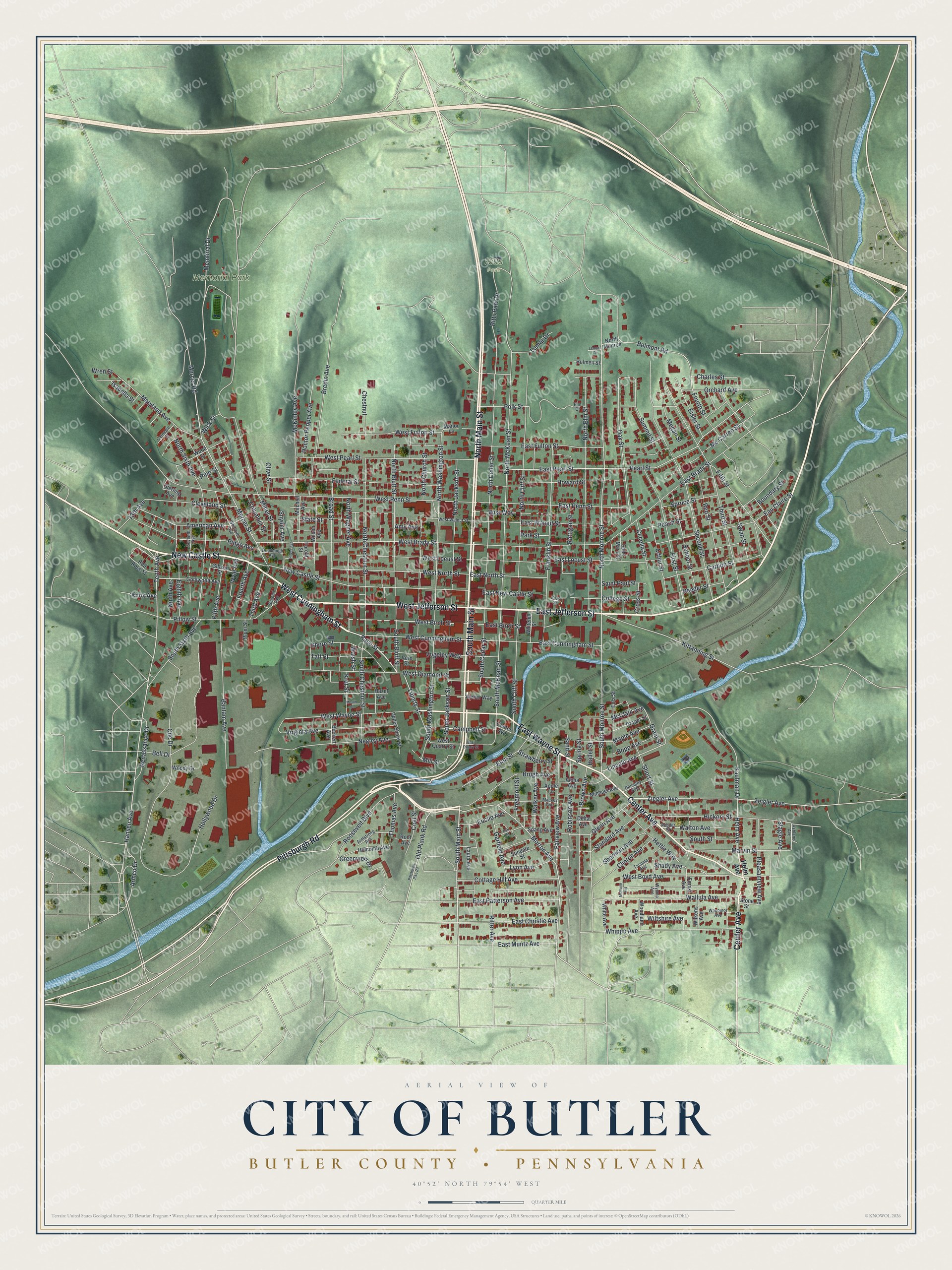 Full map of Butler City, Butler County, Pennsylvania, with red buildings, printed street names and the land around them