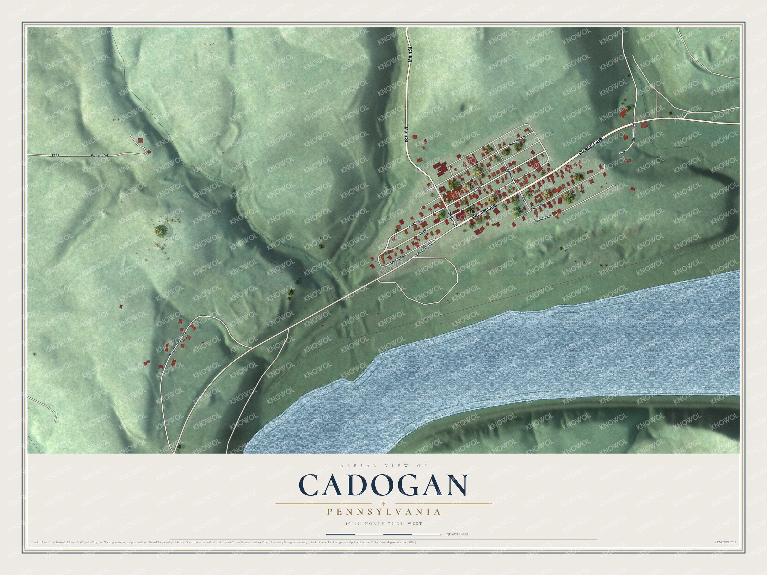 Full map of Cadogan, Pennsylvania, with red buildings, printed street names and the land around them