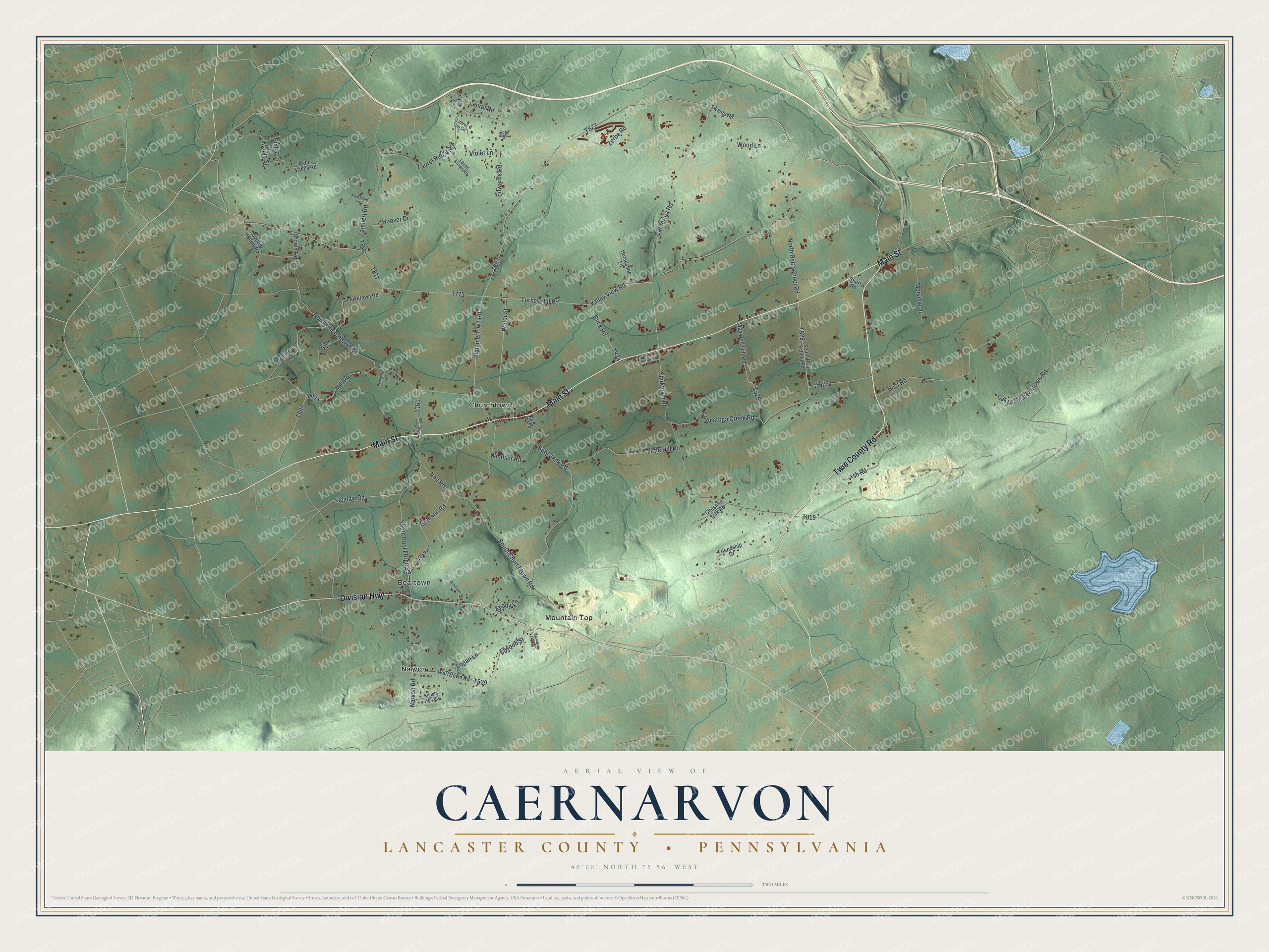 Full map of Caernarvon, Lancaster County, Pennsylvania, with red buildings, printed street names and the land around them