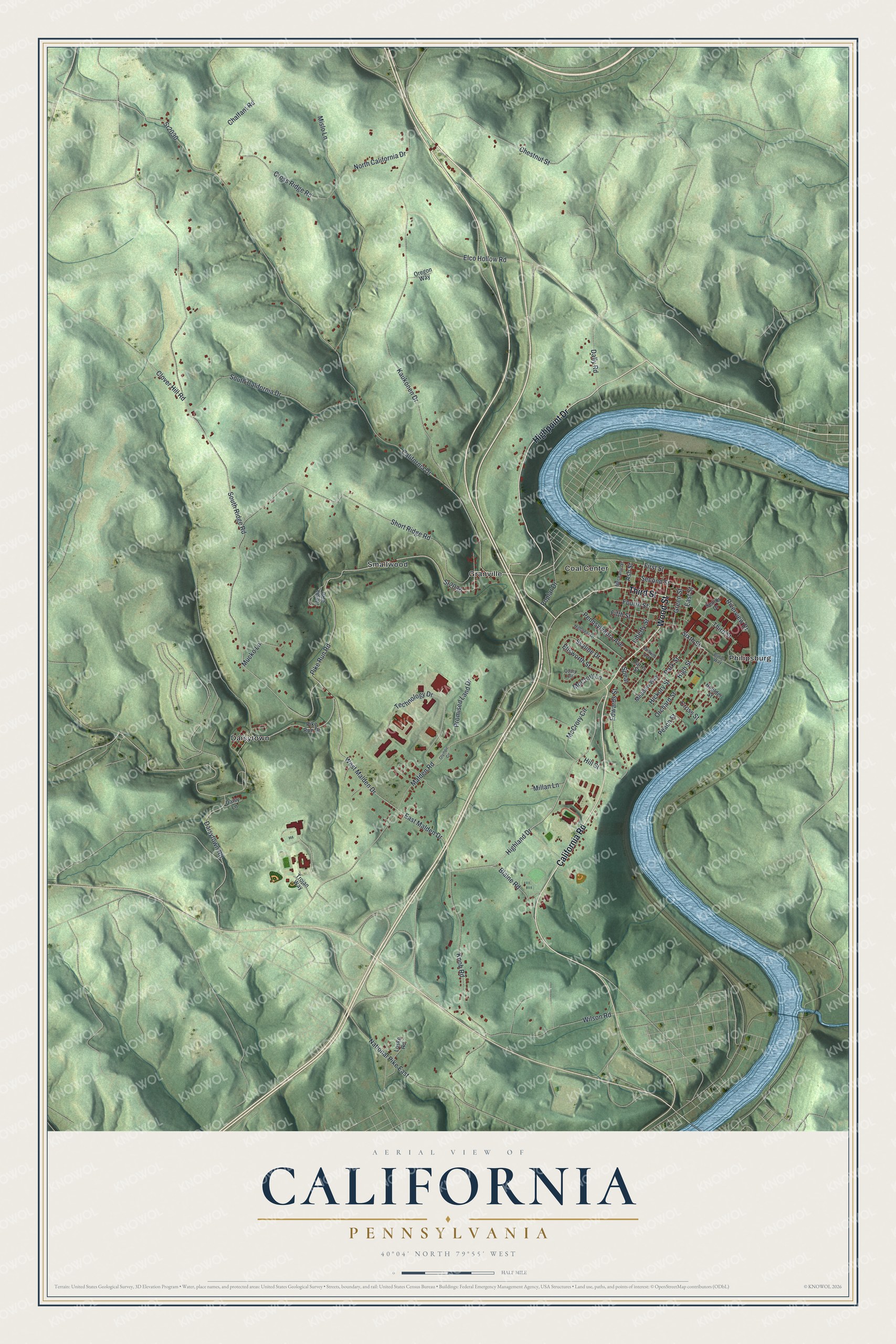 Full map of California, Pennsylvania, with red buildings, printed street names and the land around them