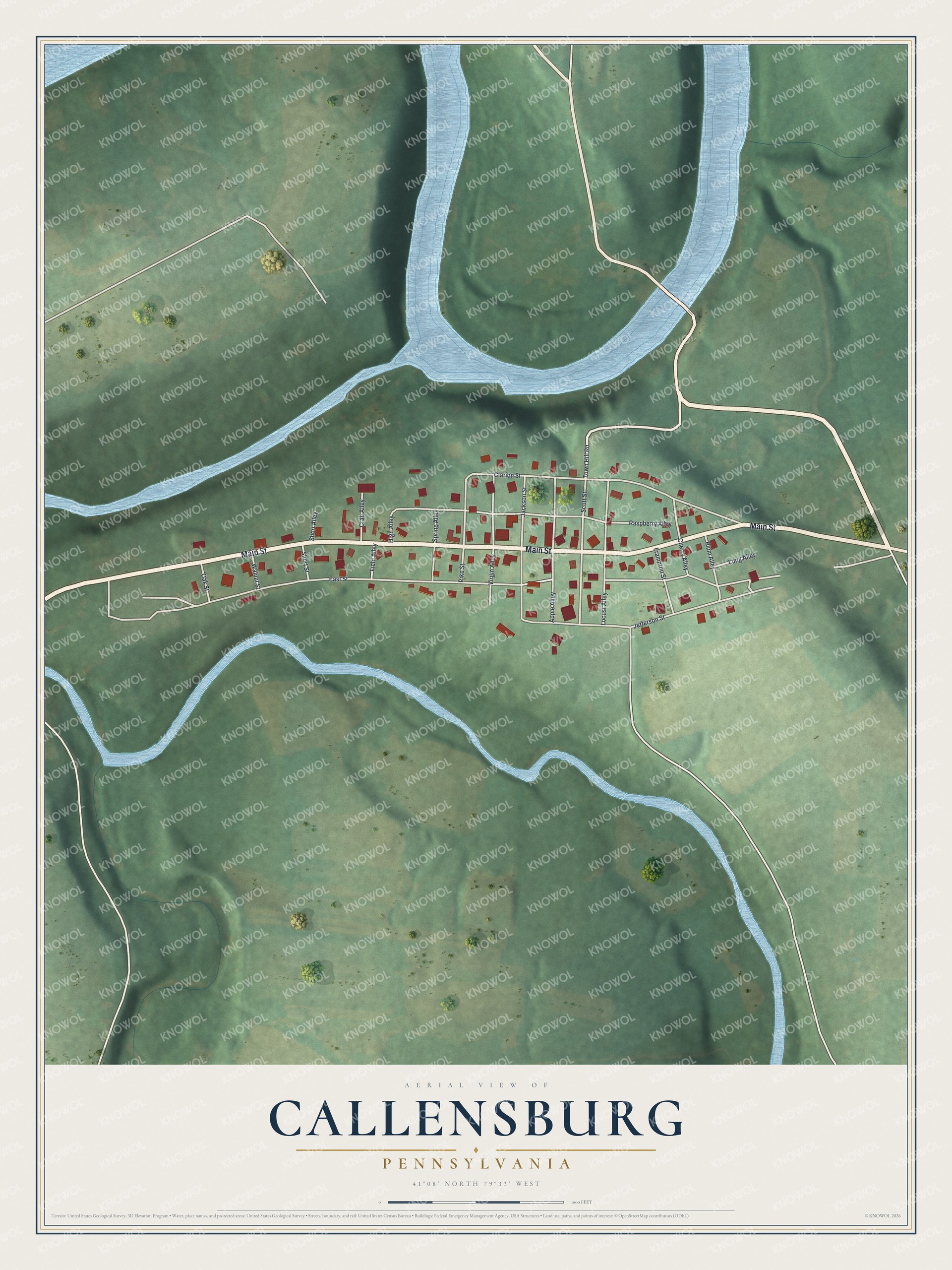 Full map of Callensburg, Pennsylvania, with red buildings, printed street names and the land around them