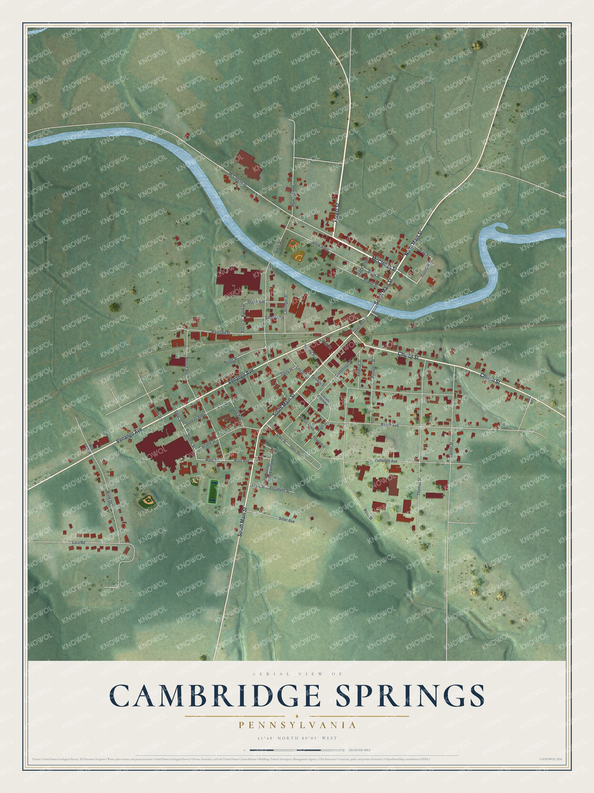 Full map of Cambridge Springs, Pennsylvania, with red buildings, printed street names and the land around them