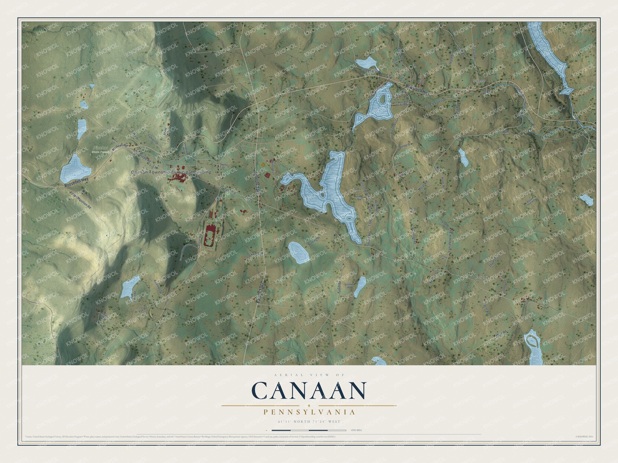 Full map of Canaan, Pennsylvania, with red buildings, printed street names and the land around them