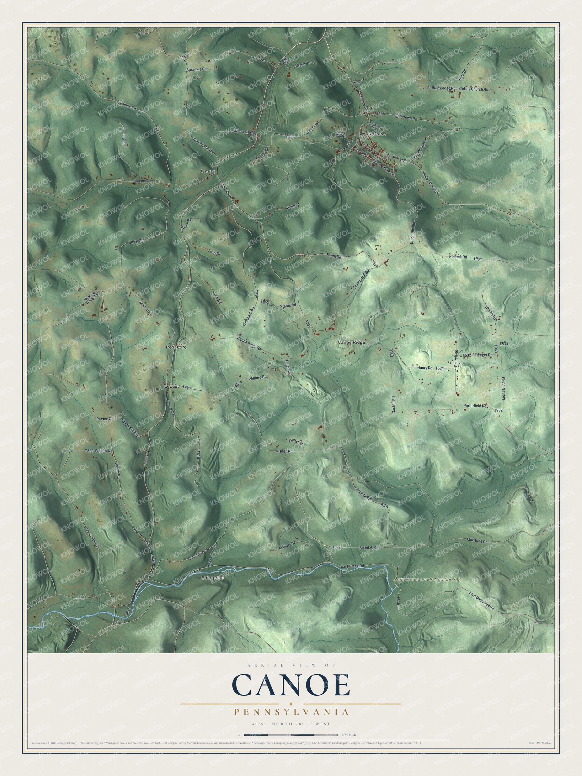 Full map of Canoe, Pennsylvania, with red buildings, printed street names and the land around them