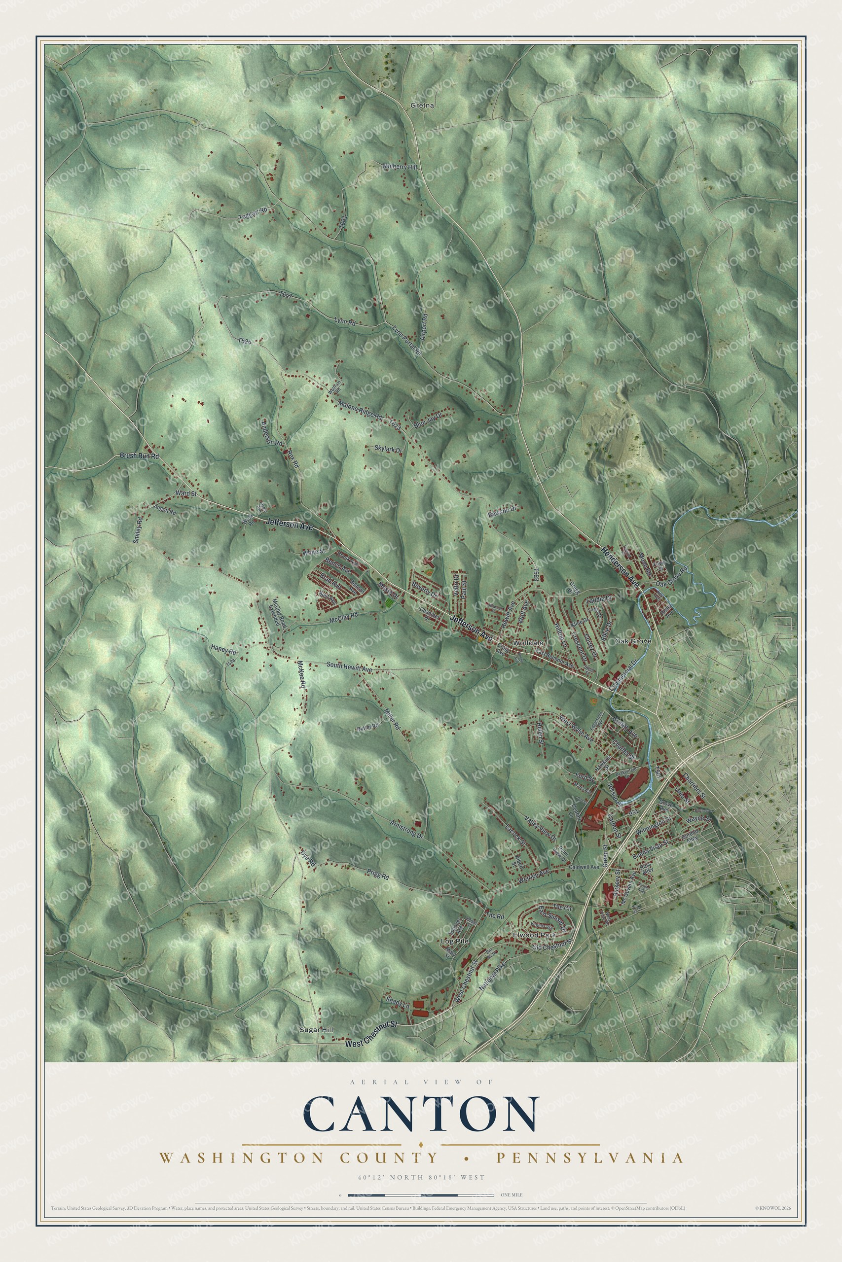 Full map of Canton, Washington County, Pennsylvania, with red buildings, printed street names and the land around them