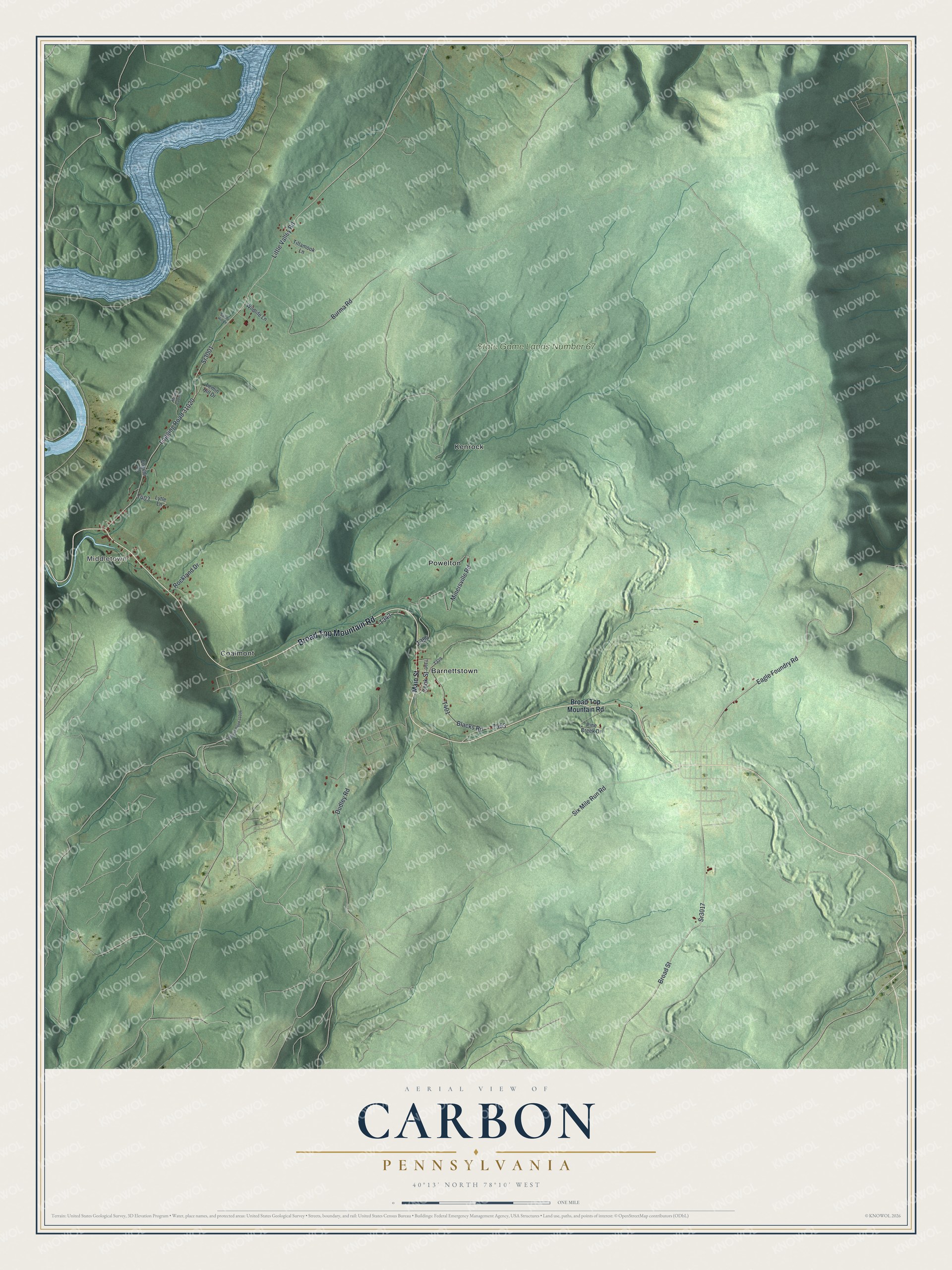 Full map of Carbon, Pennsylvania, with red buildings, printed street names and the land around them