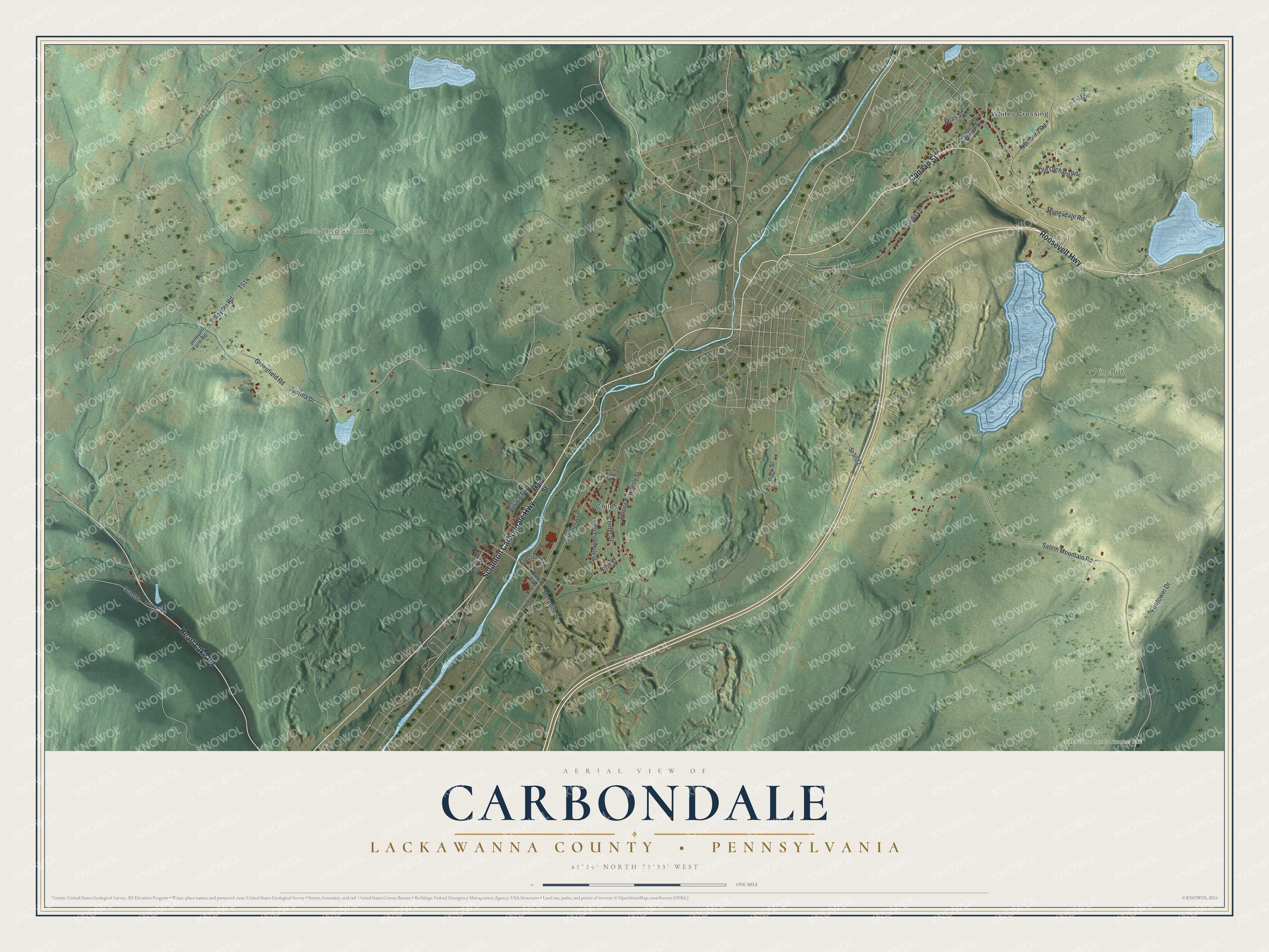 Full map of Carbondale Township, Pennsylvania, with red buildings, printed street names and the land around them