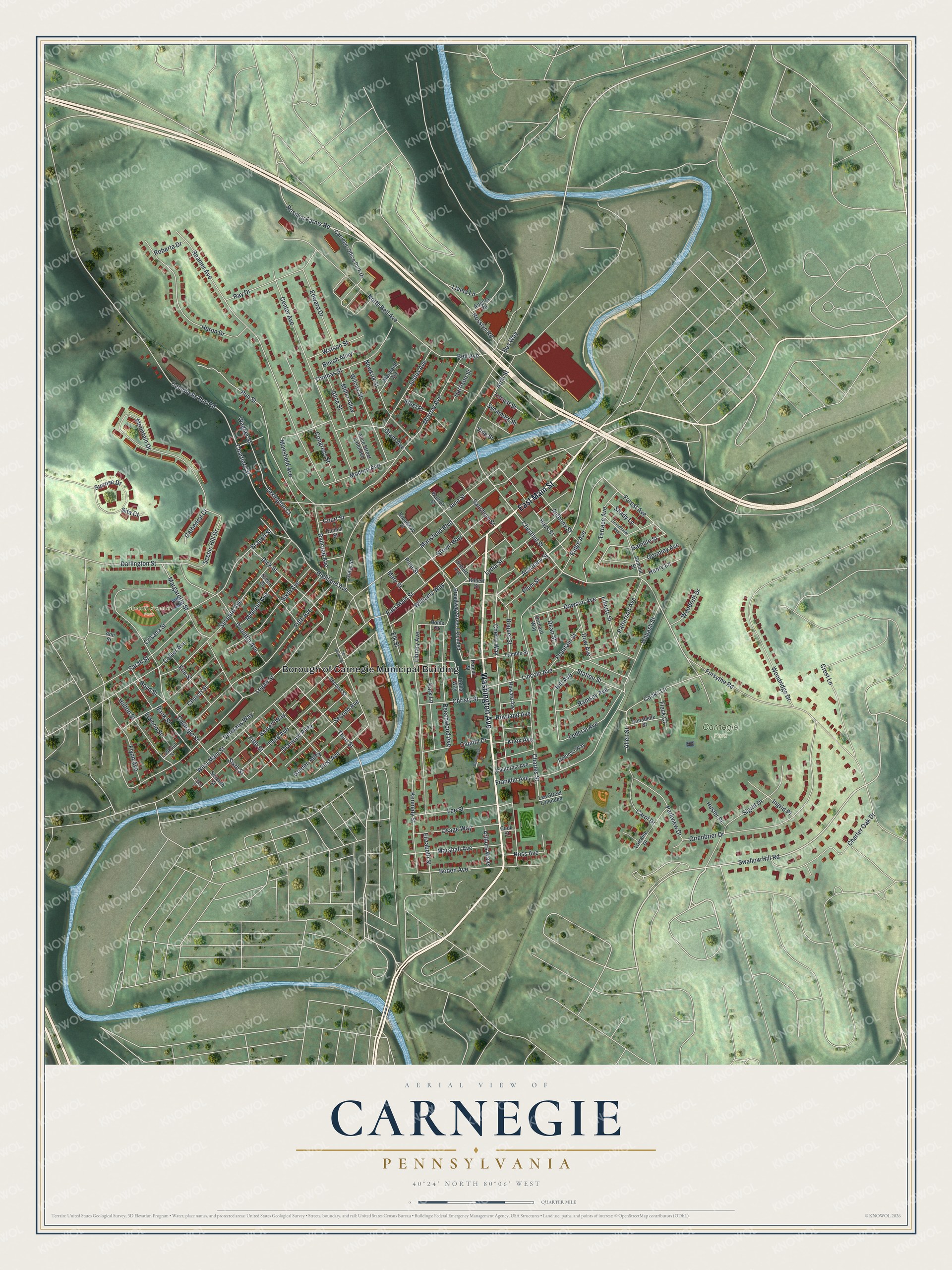 Full map of Carnegie, Pennsylvania, with red buildings, printed street names and the land around them