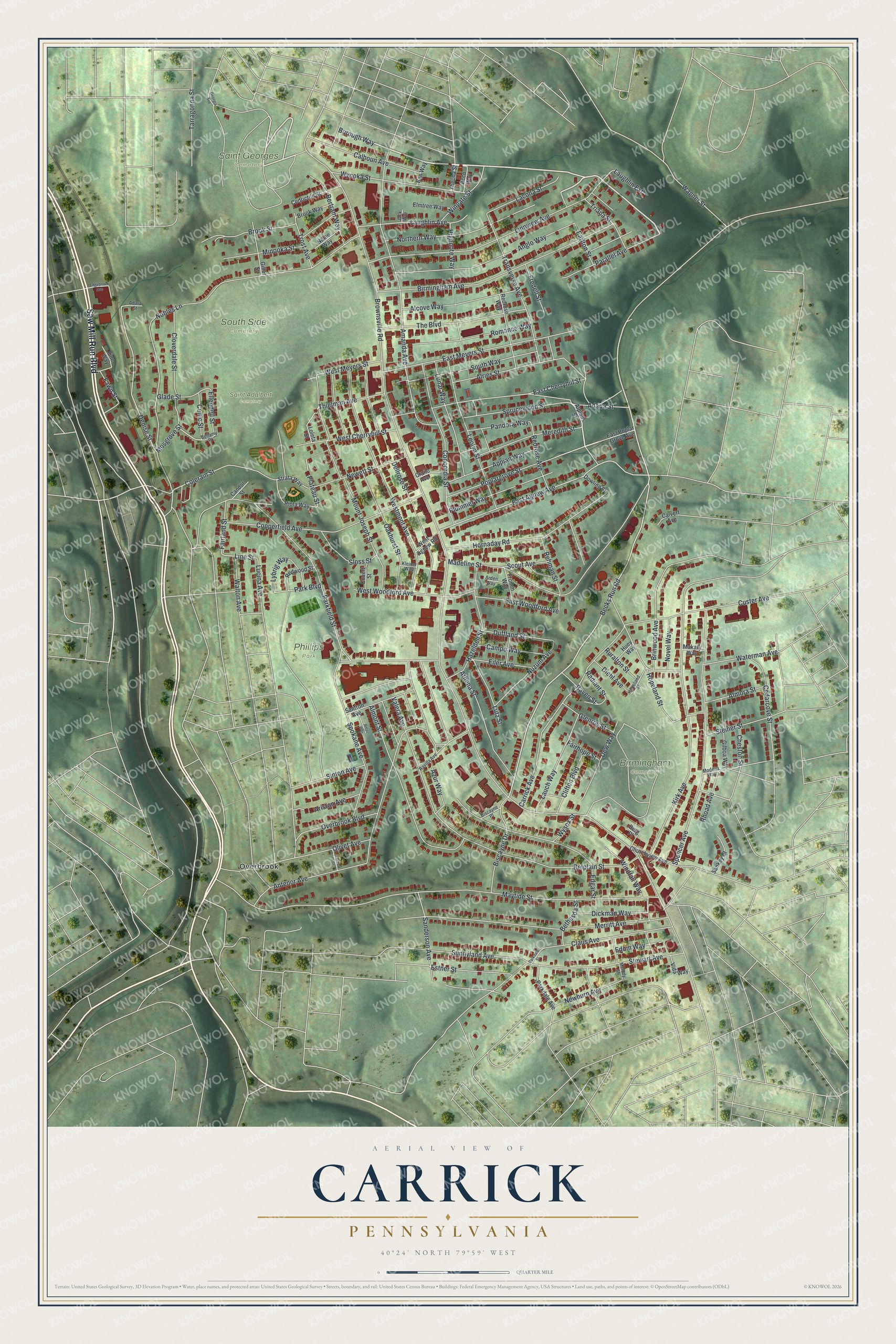 Aerial-style map of Carrick, Pennsylvania, with red buildings along Brownsville Road on green hills and a cream title panel