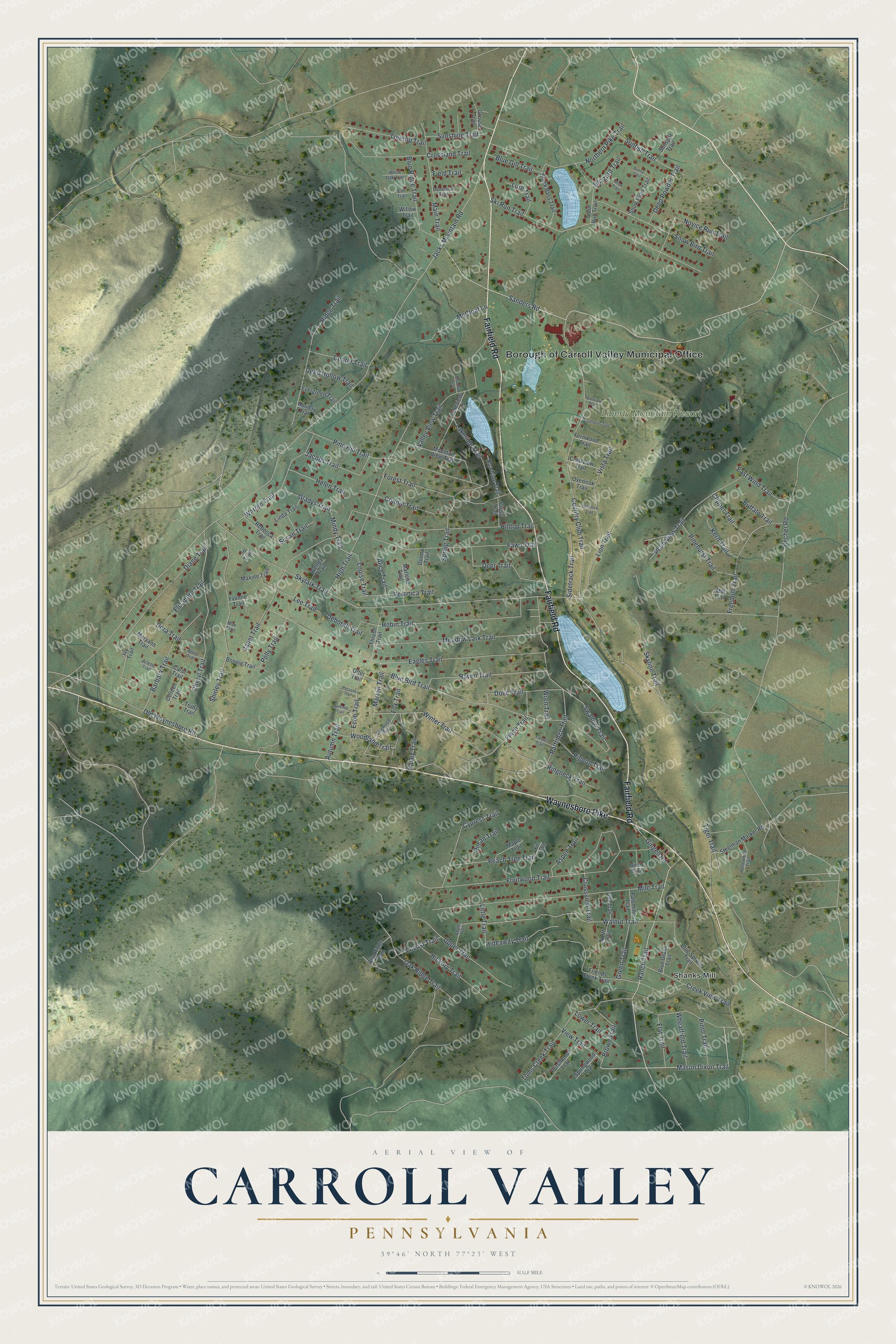 Full map of Carroll Valley, Pennsylvania, with red buildings, printed street names and the land around them
