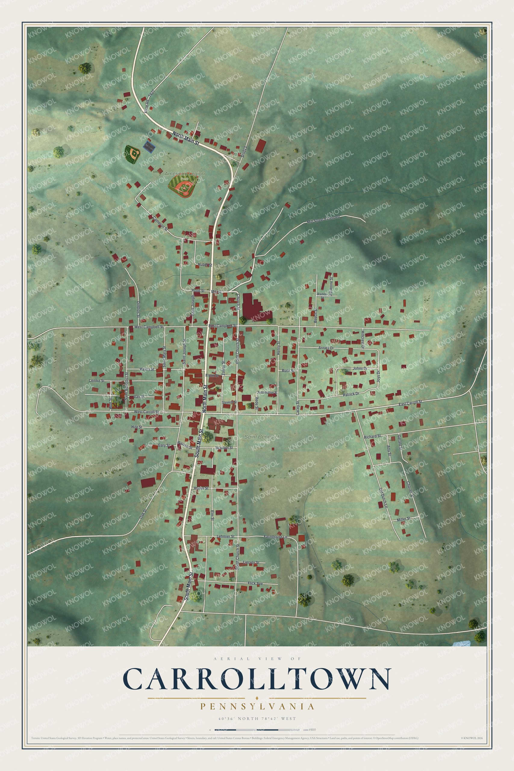 Full map of Carrolltown, Pennsylvania, with red buildings, printed street names and the land around them