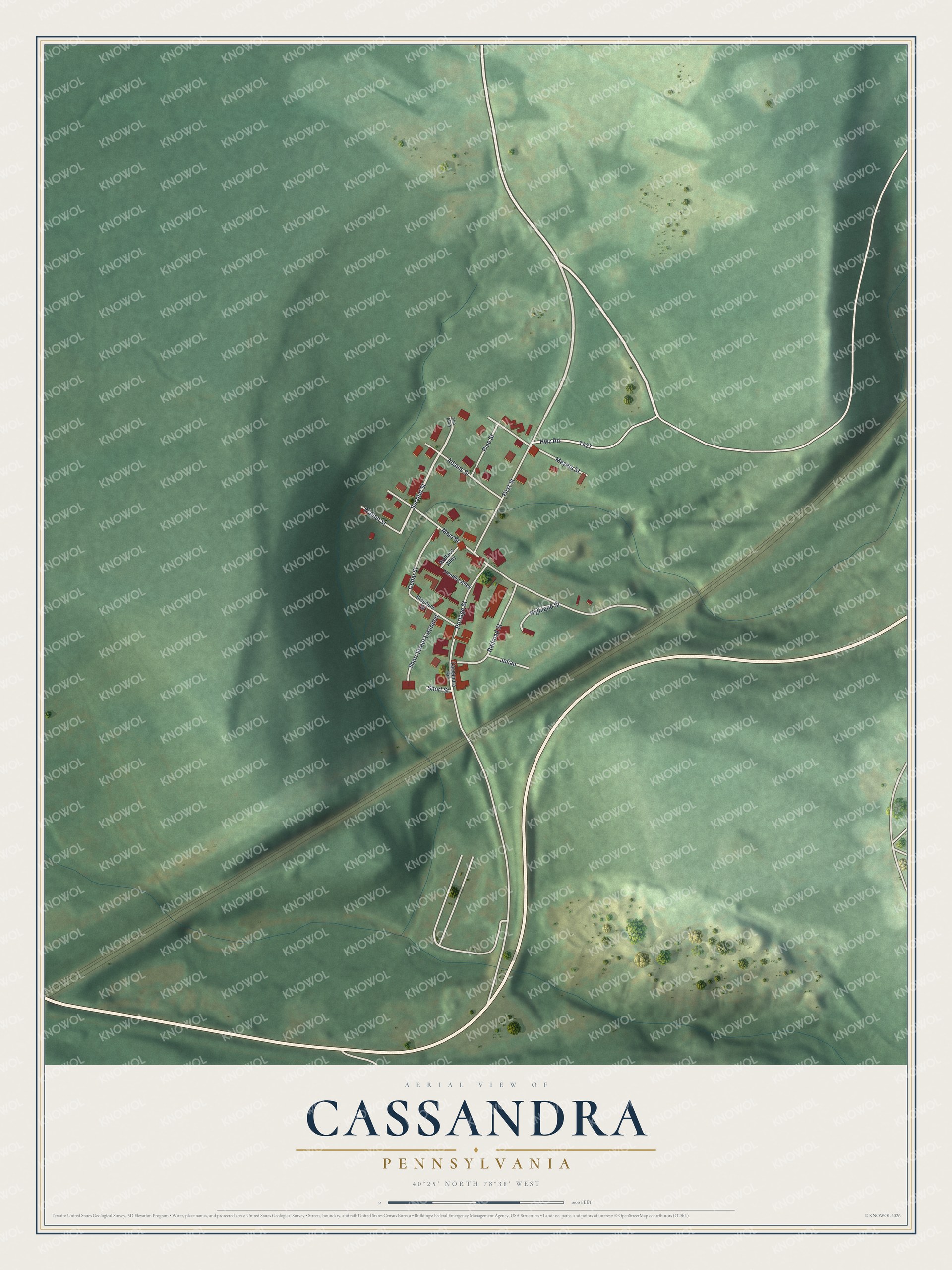 Full map of Cassandra, Pennsylvania, with red buildings, printed street names and the land around them