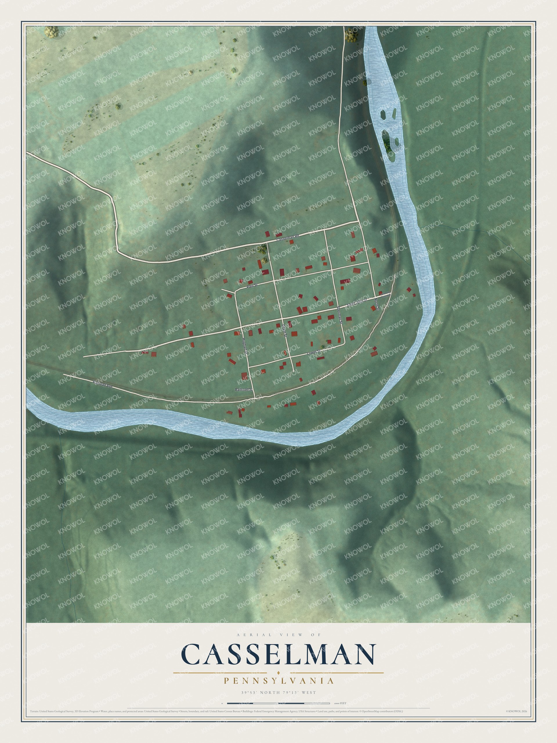 Full map of Casselman, Pennsylvania, with red buildings, printed street names and the land around them