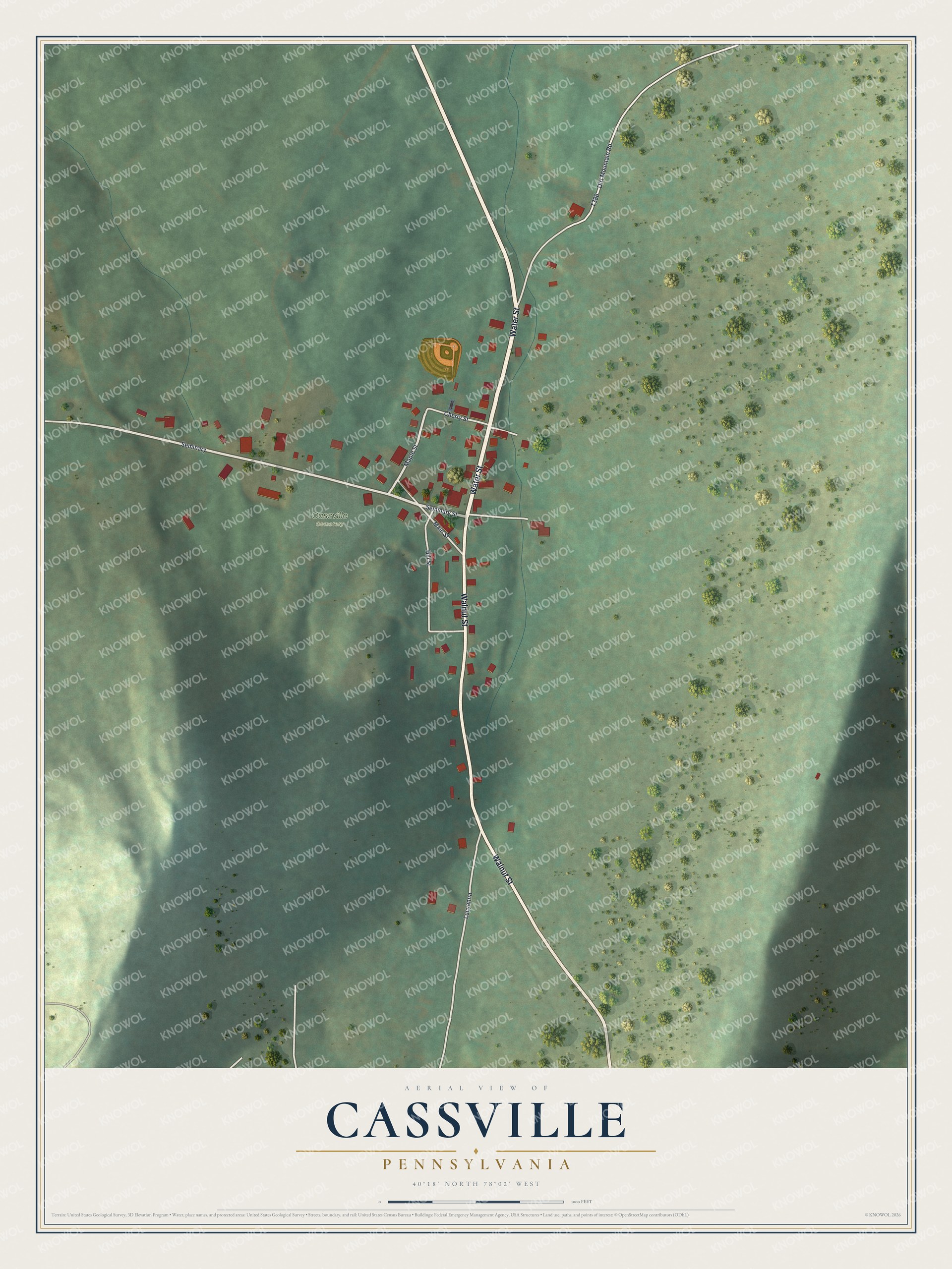 Full map of Cassville, Pennsylvania, with red buildings, printed street names and the land around them
