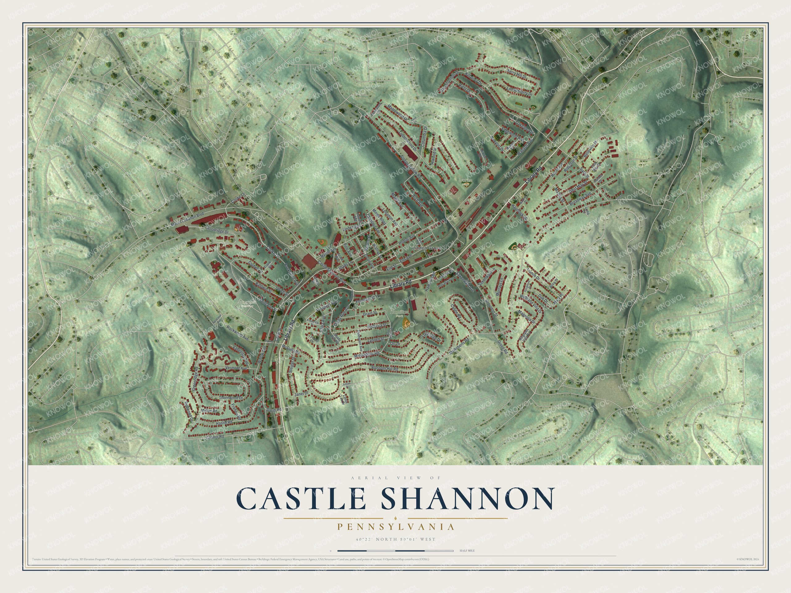 Full map of Castle Shannon, Pennsylvania, with red buildings, printed street names and the land around them