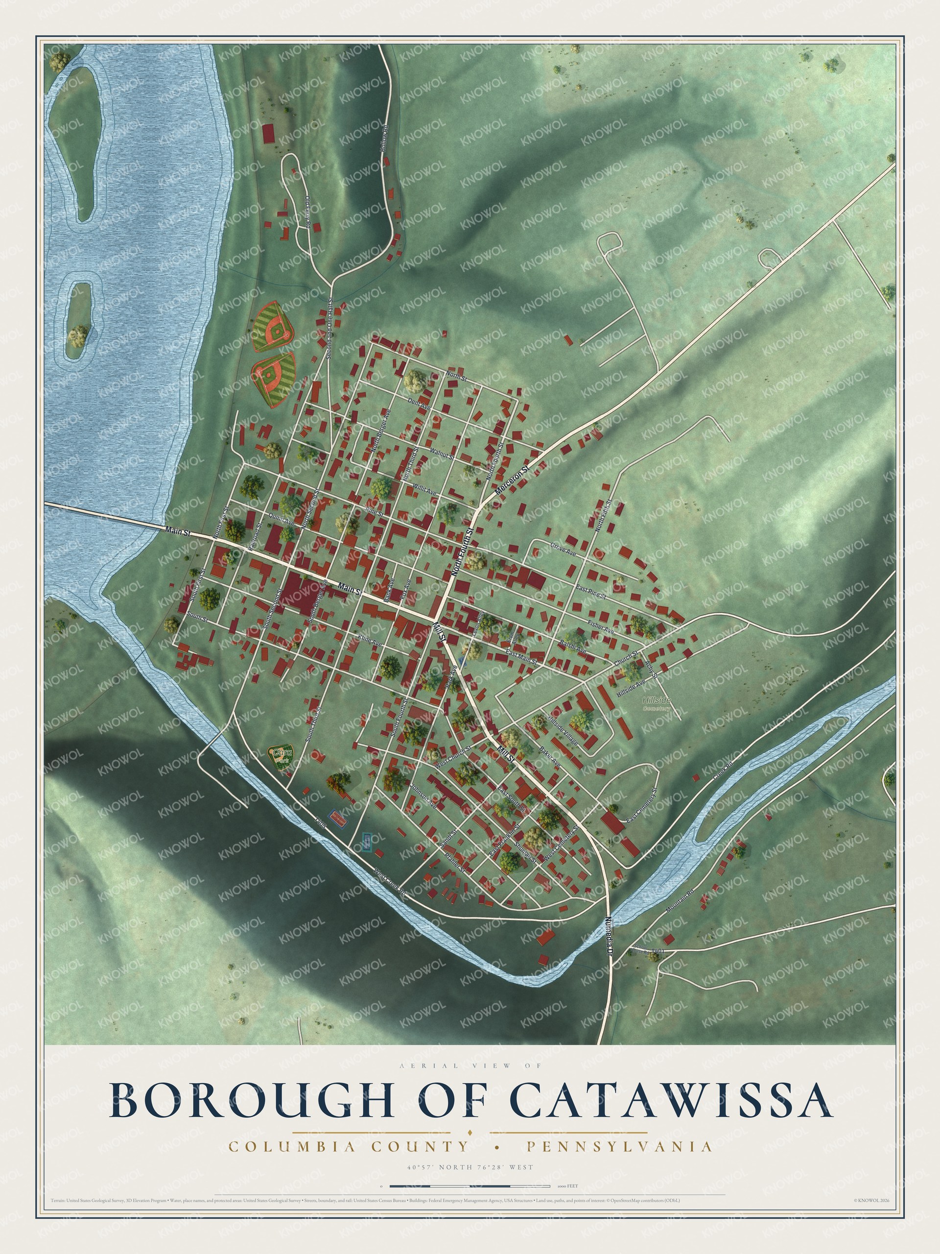 Full map of Catawissa Borough, Pennsylvania, with red buildings, printed street names and the land around them