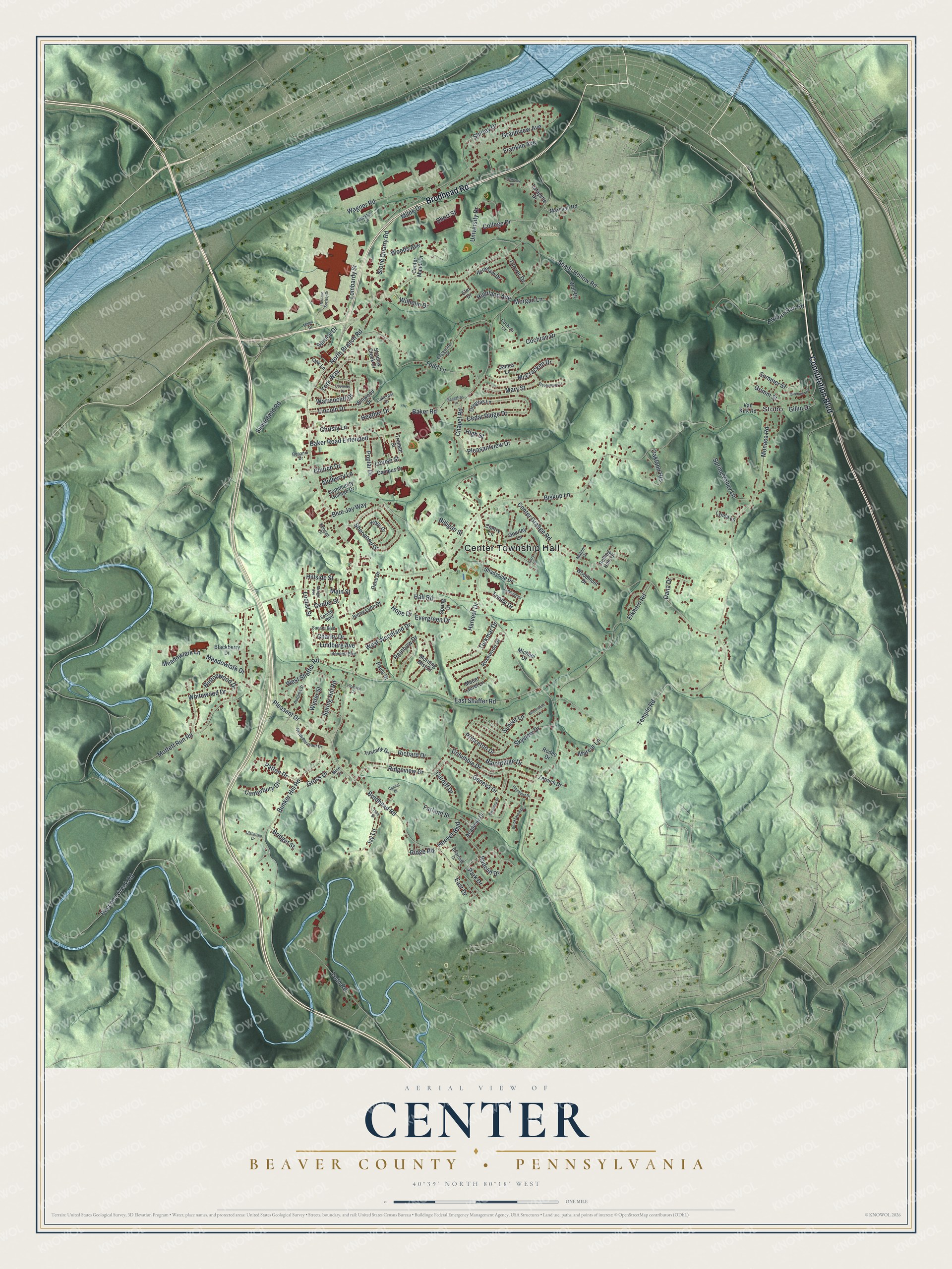 Full map of Center, Beaver County, Pennsylvania, with red buildings, printed street names and the land around them