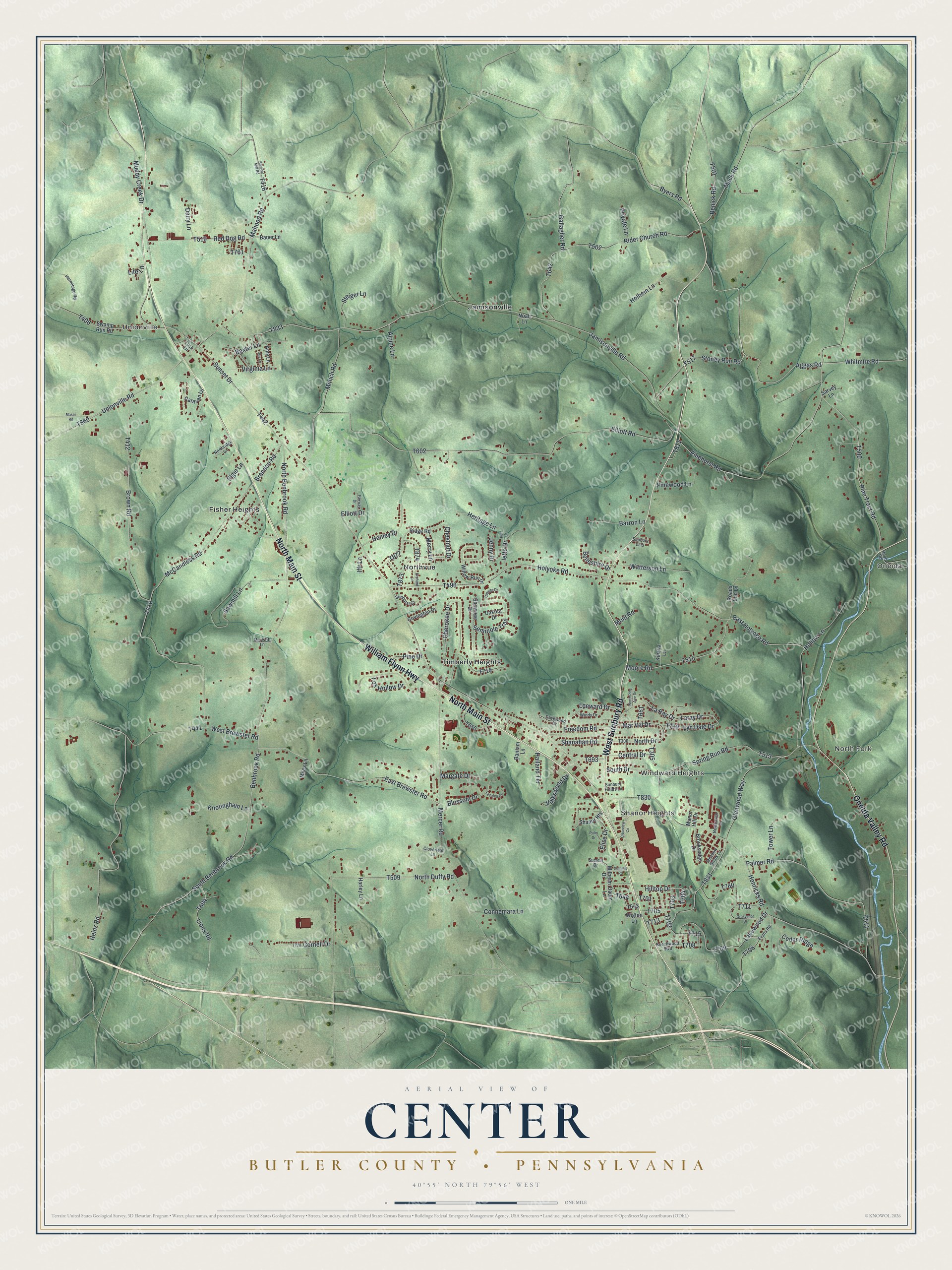 Full map of Center, Butler County, Pennsylvania, with red buildings, printed street names and the land around them