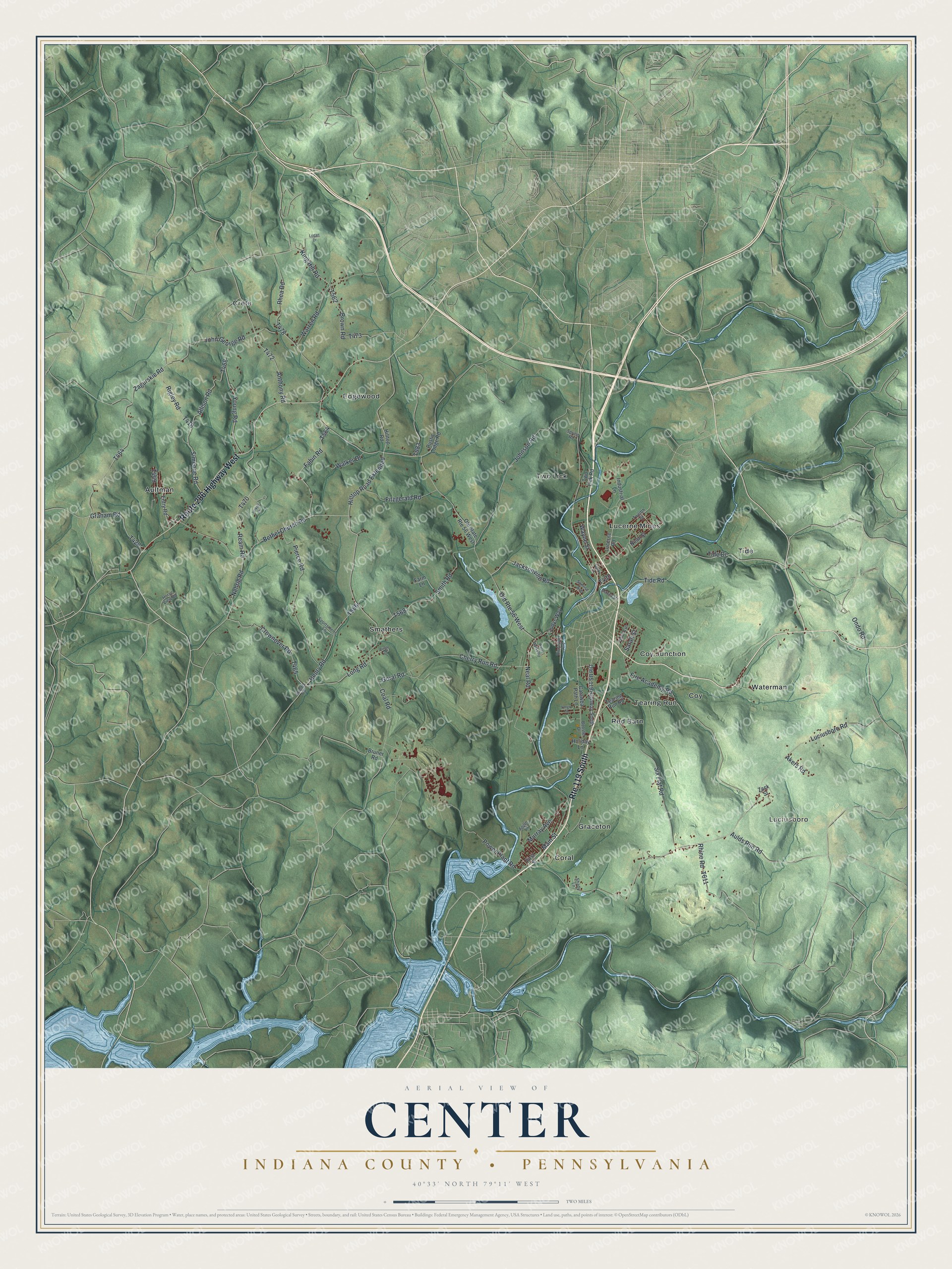 Full map of Center, Indiana County, Pennsylvania, with red buildings, printed street names and the land around them