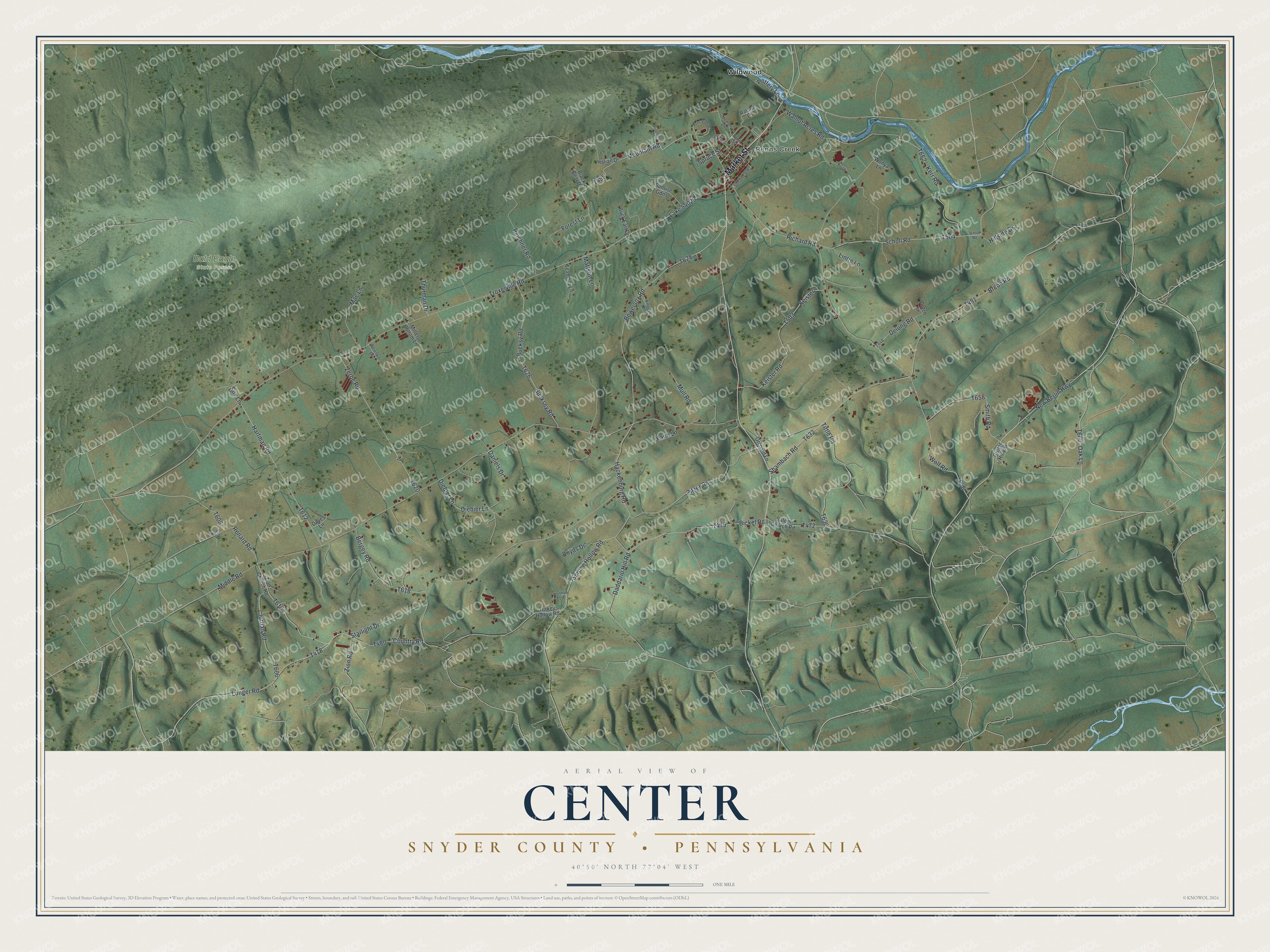 Full map of Center, Snyder County, Pennsylvania, with red buildings, printed street names and the land around them