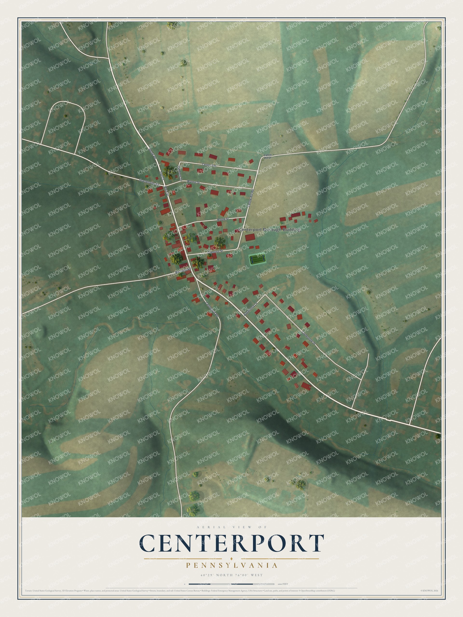 Full map of Centerport, Pennsylvania, with red buildings, printed street names and the land around them