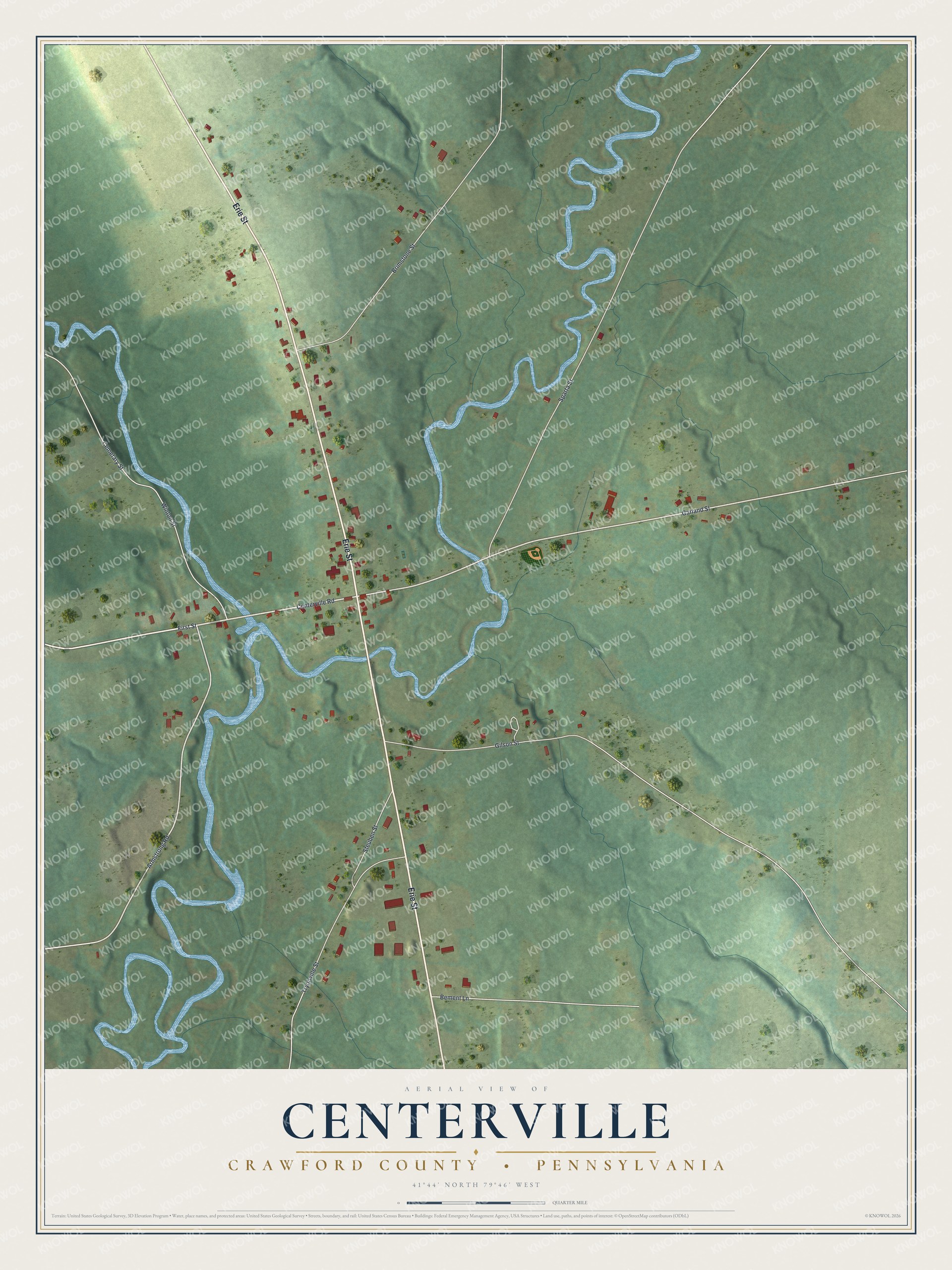 Full map of Centerville, Crawford County, Pennsylvania, with red buildings, printed street names and the land around them