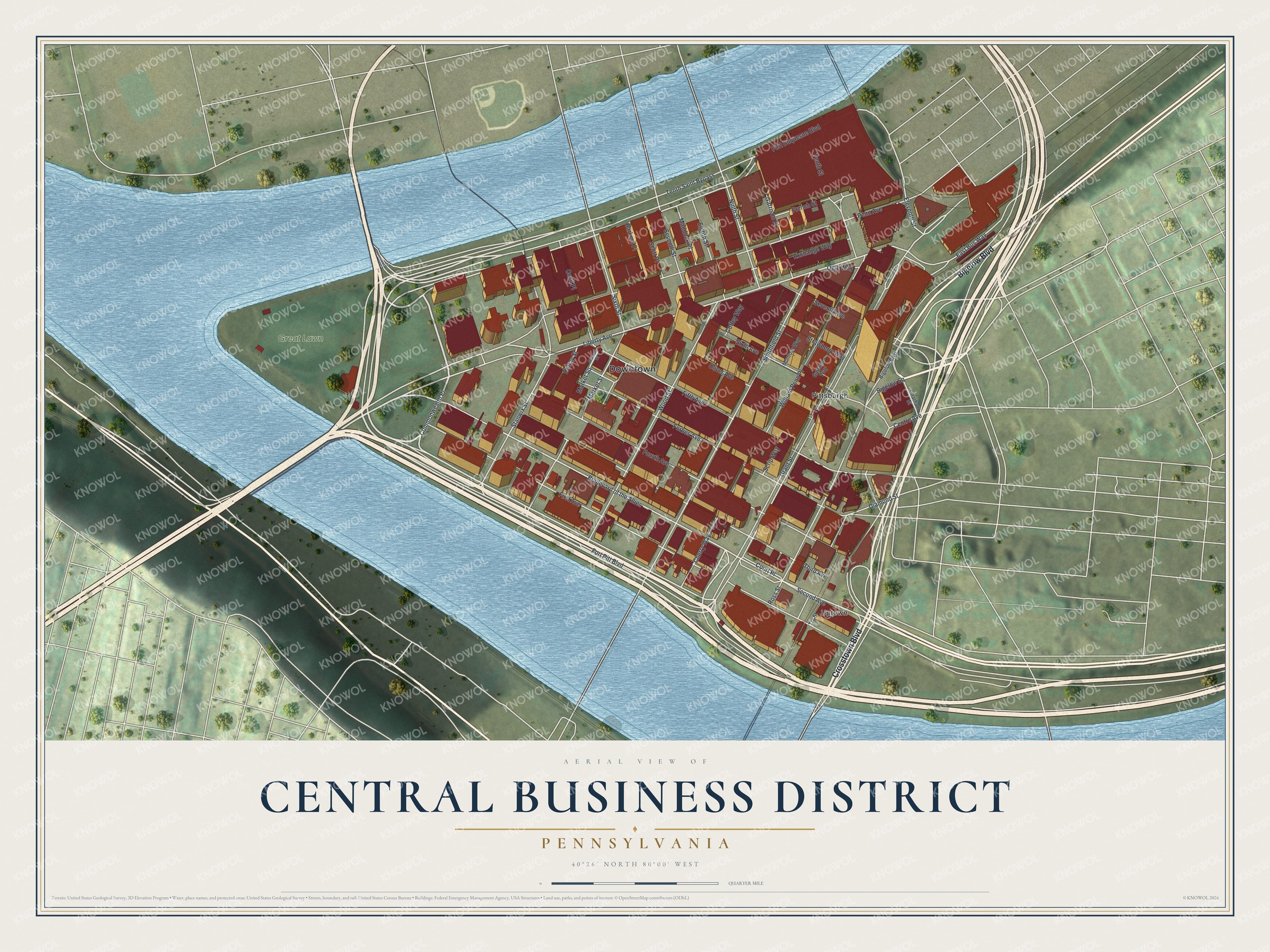 Aerial map of Downtown Pittsburgh with red buildings packed between two blue rivers that meet at a green point