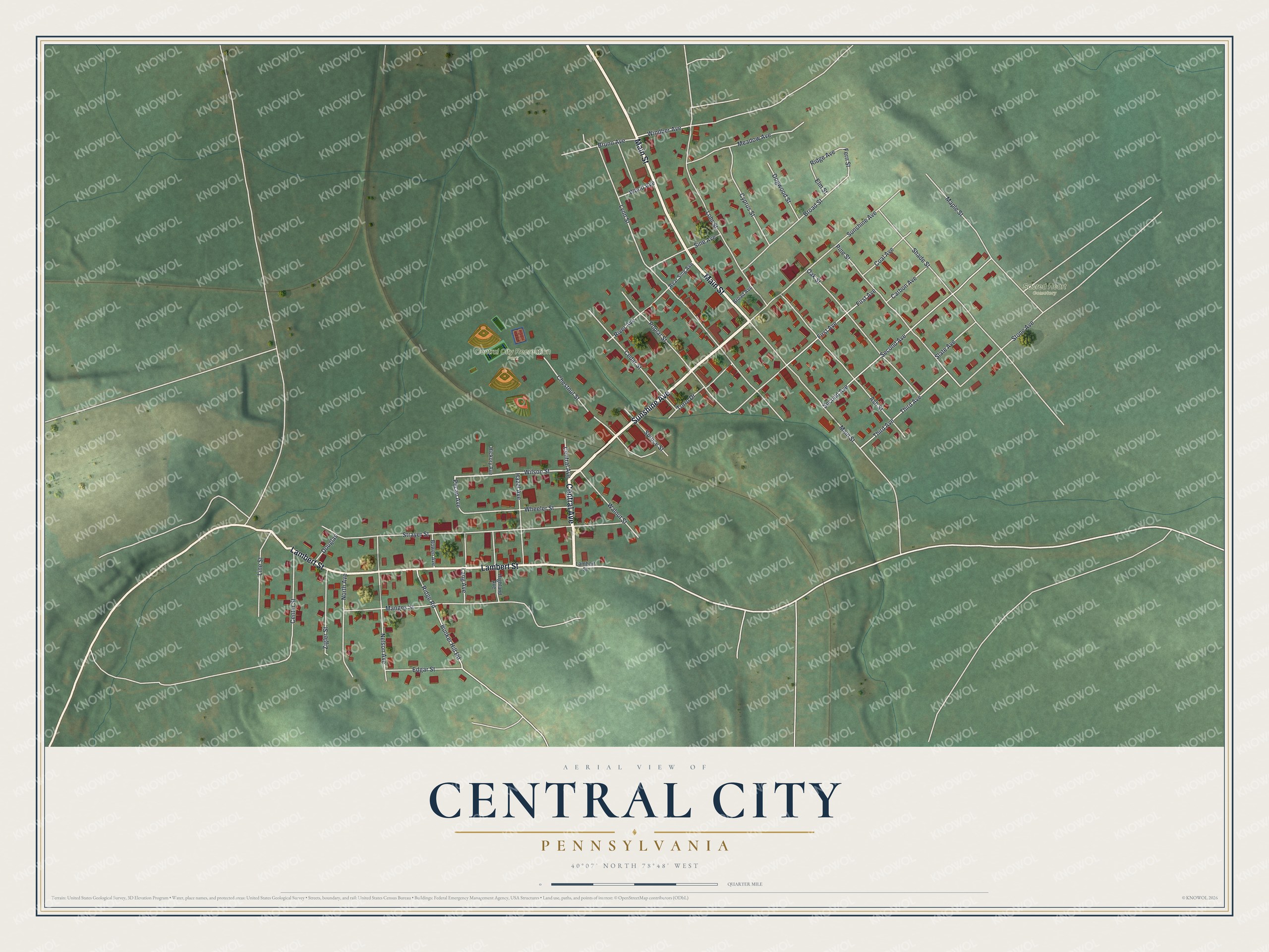 Full map of Central City, Pennsylvania, with red buildings, printed street names and the land around them